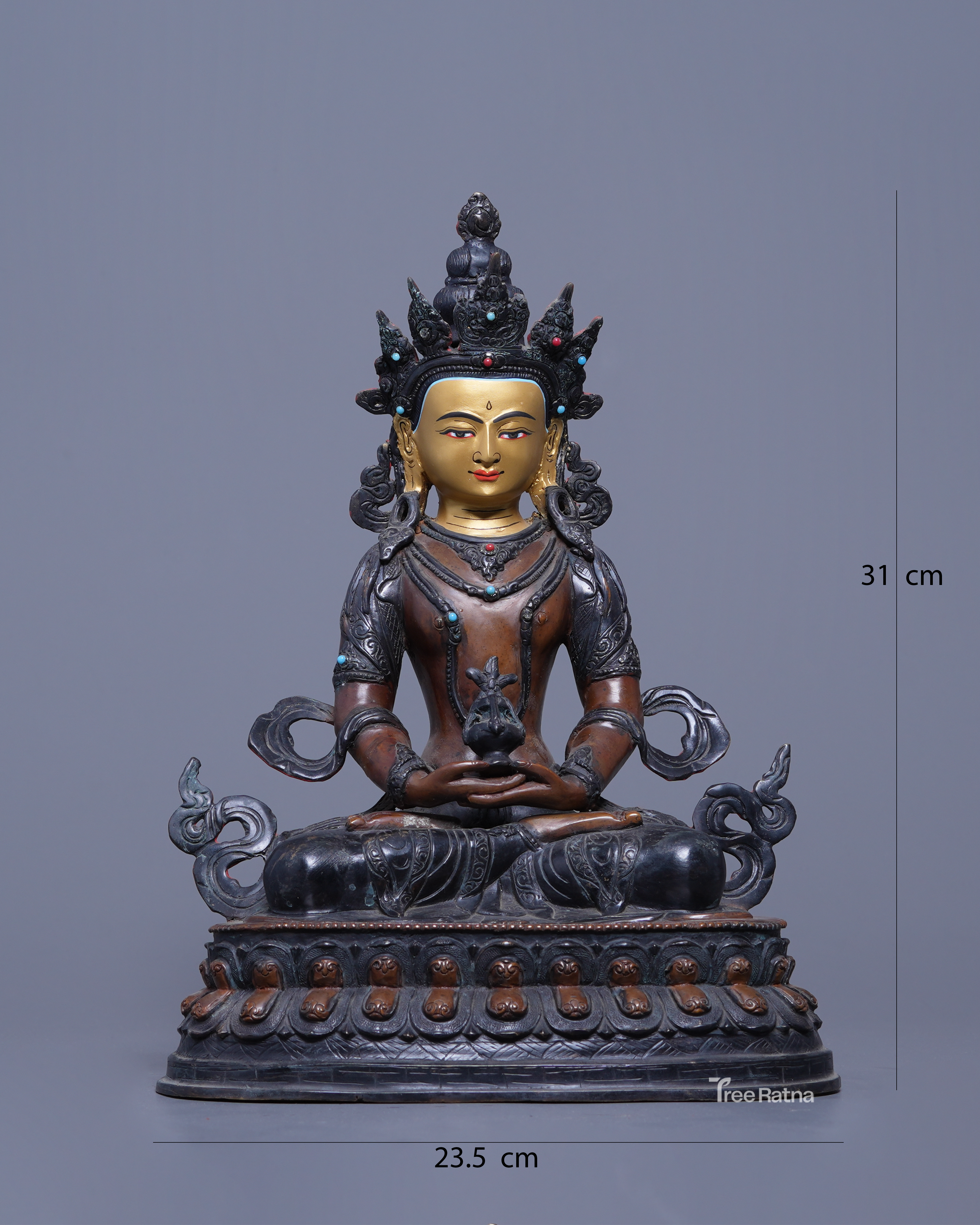 Amitayus Statue – Oxidized Copper & 24K Gold Face | Handmade Nepal