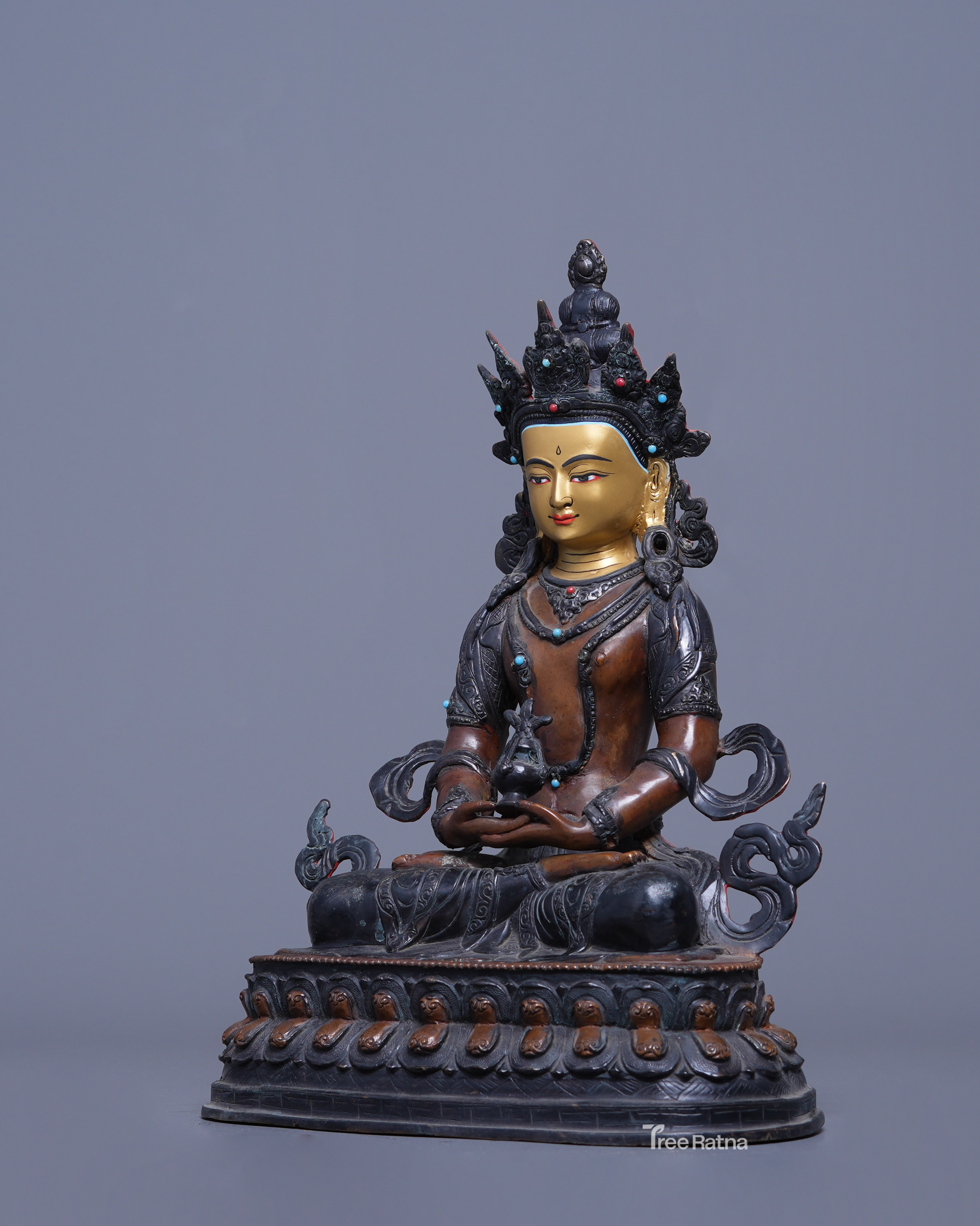 Amitayus Statue – Oxidized Copper & 24K Gold Face | Handmade Nepal
