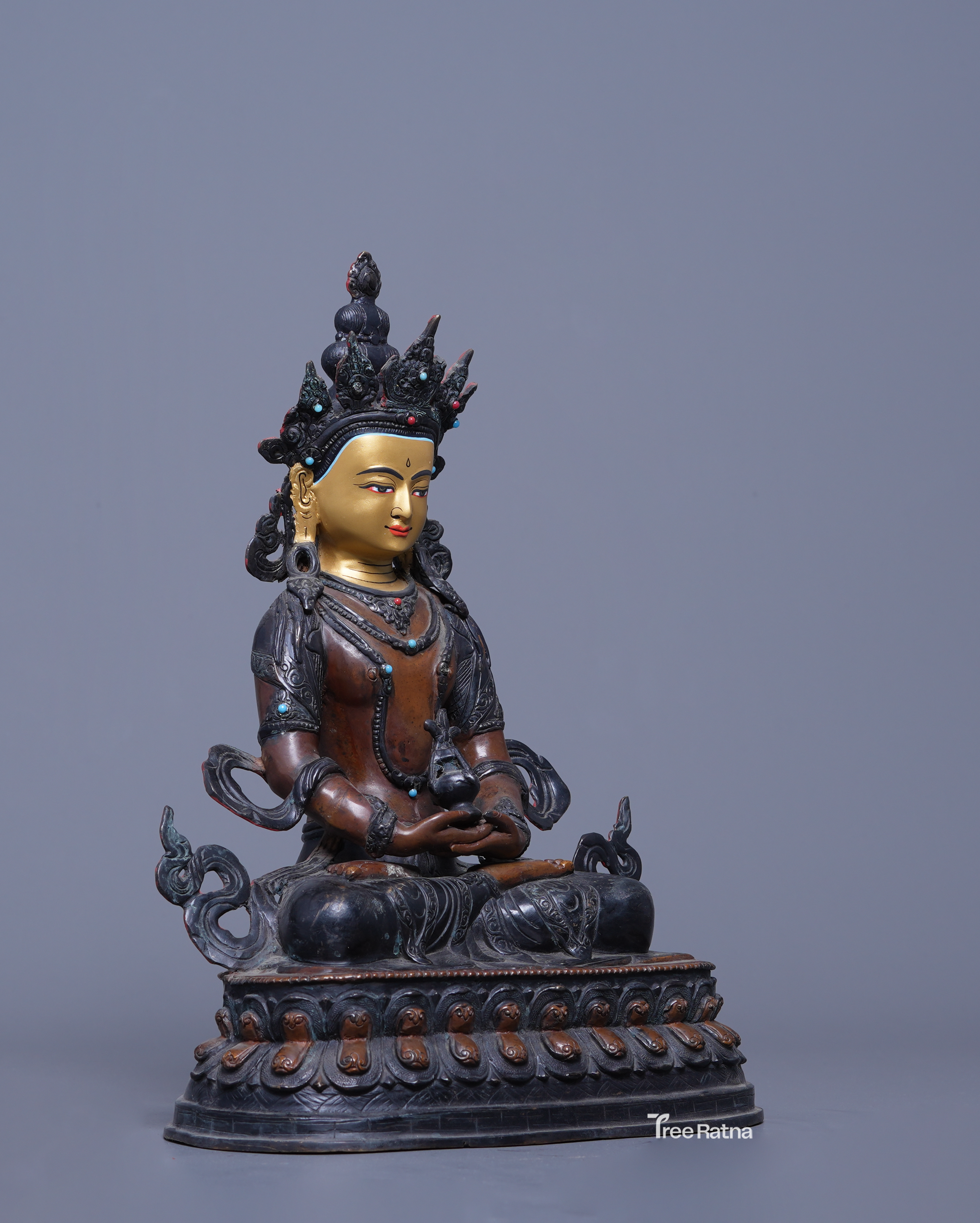Amitayus Statue – Oxidized Copper & 24K Gold Face | Handmade Nepal