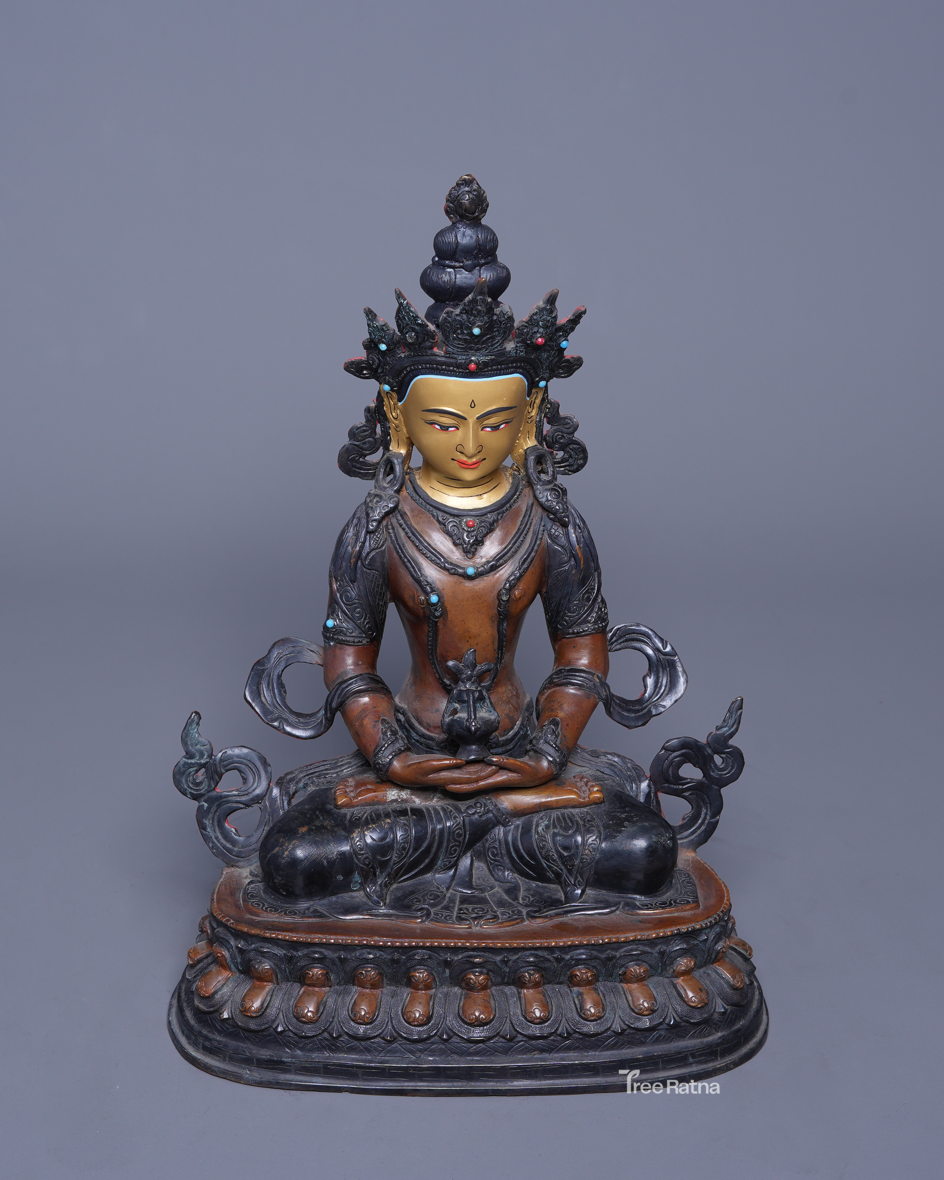 Amitayus Statue – Oxidized Copper & 24K Gold Face | Handmade Nepal