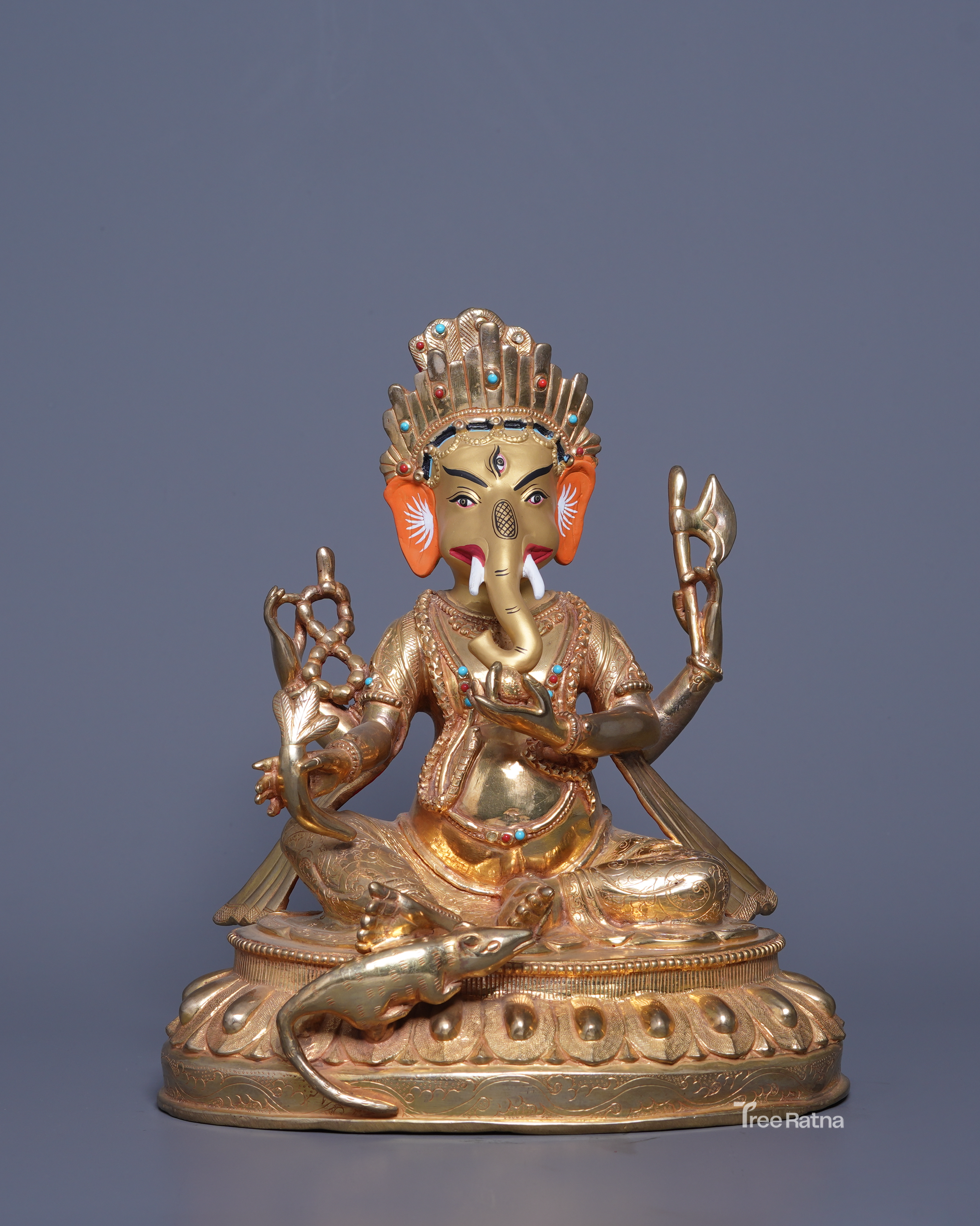 Four-Armed Ganesh Statue – Gold Gilded Copper with Gemstones