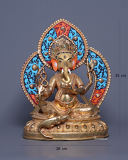 Four-Armed Ganesh Statue – Gold Gilded Copper with Gemstones