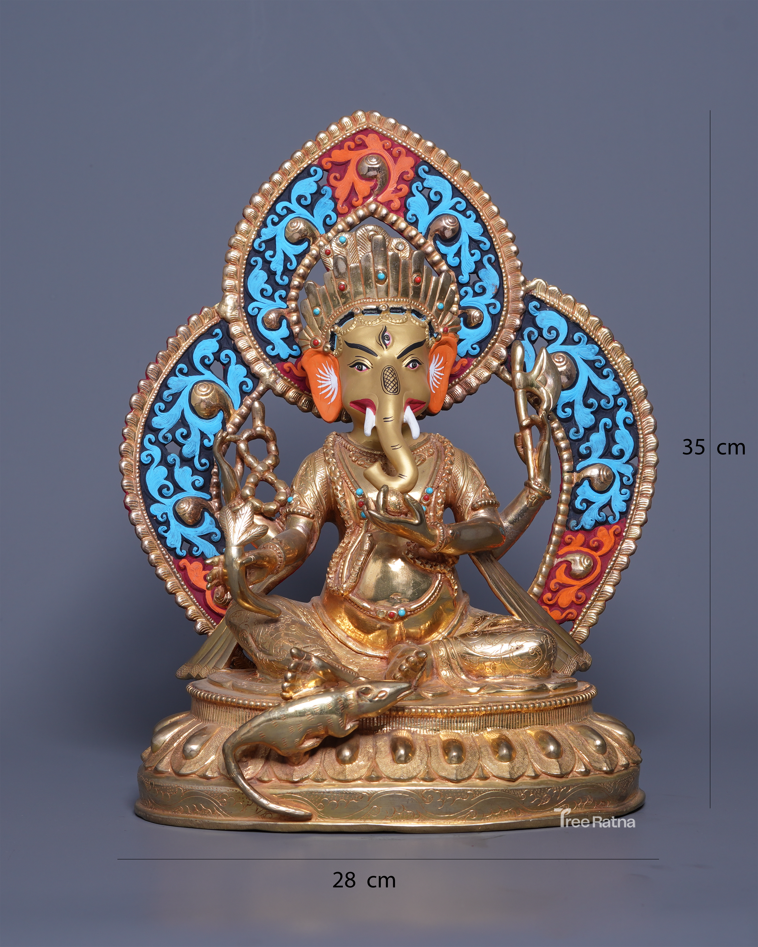 Four-Armed Ganesh Statue – Gold Gilded Copper with Gemstones