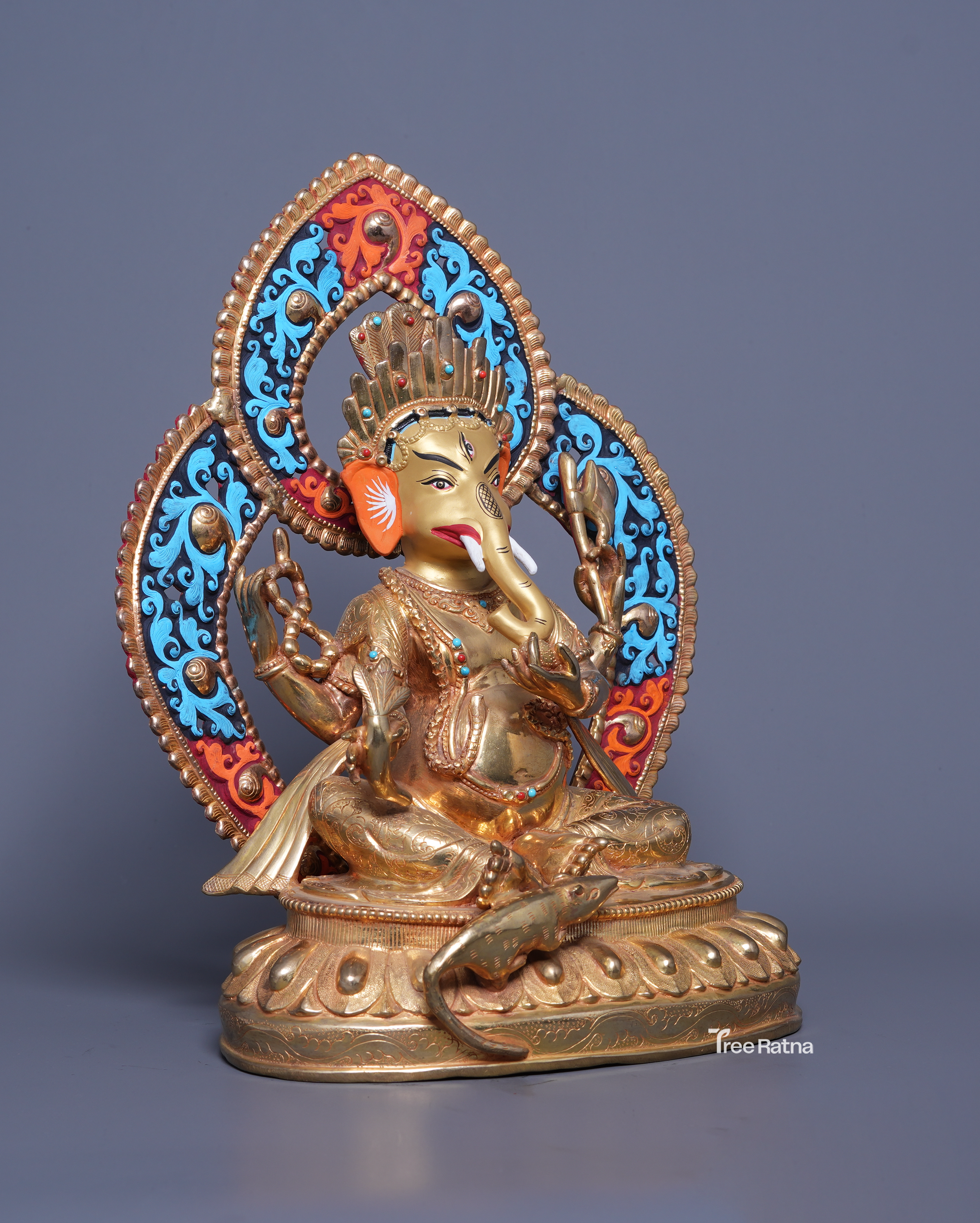 Four-Armed Ganesh Statue – Gold Gilded Copper with Gemstones