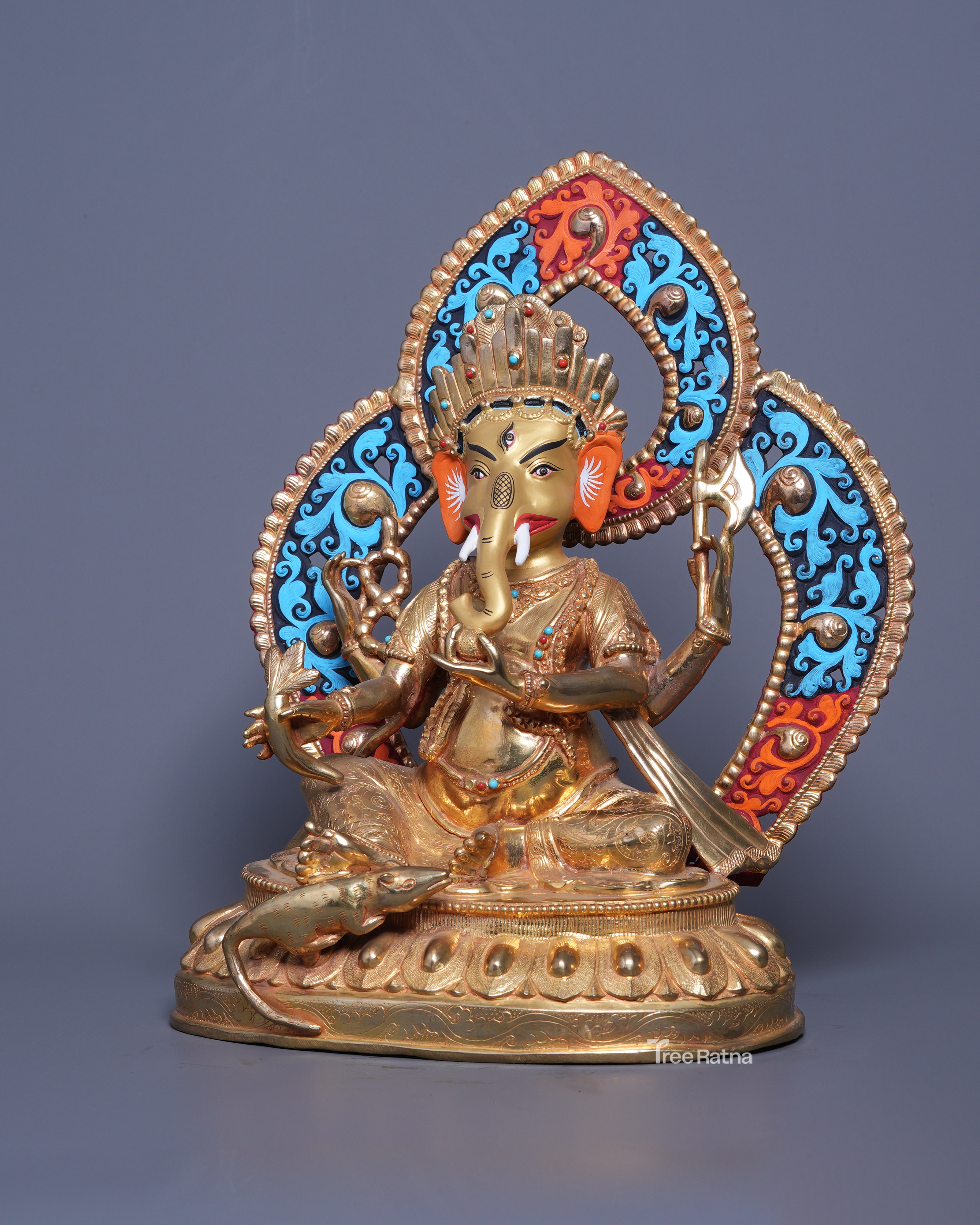 Four-Armed Ganesh Statue – Gold Gilded Copper with Gemstones