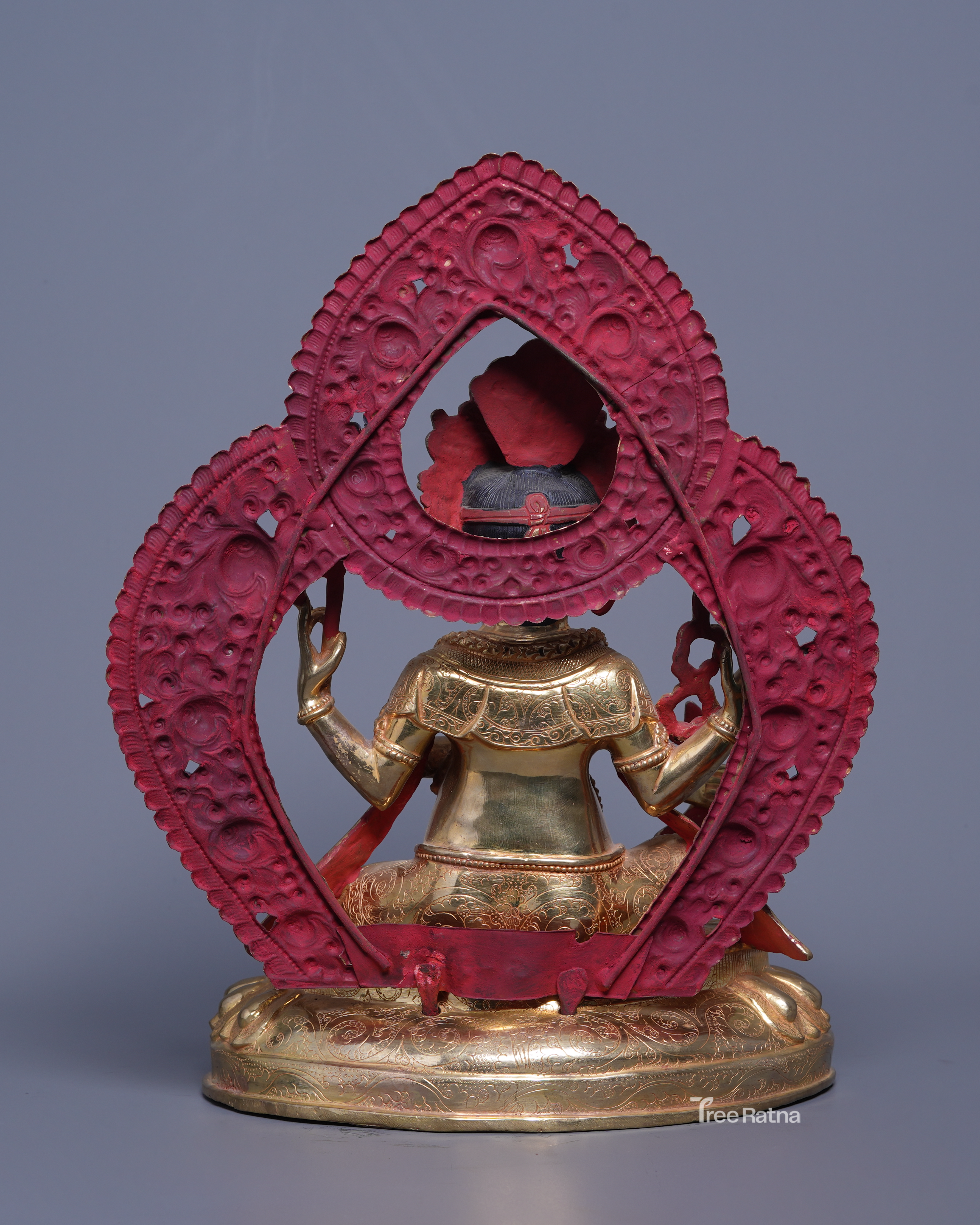 Four-Armed Ganesh Statue – Gold Gilded Copper with Gemstones
