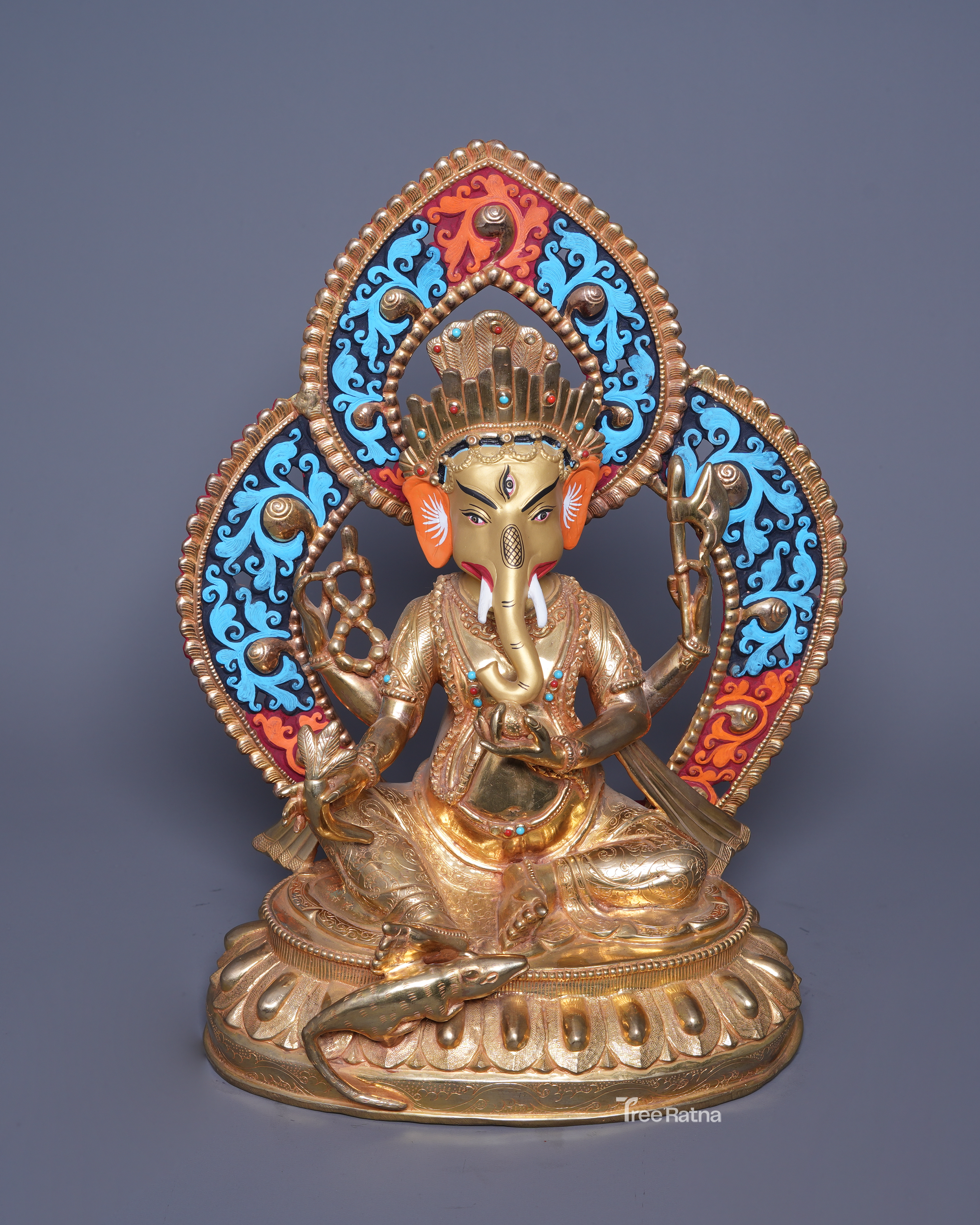 Four-Armed Ganesh Statue – Gold Gilded Copper with Gemstones