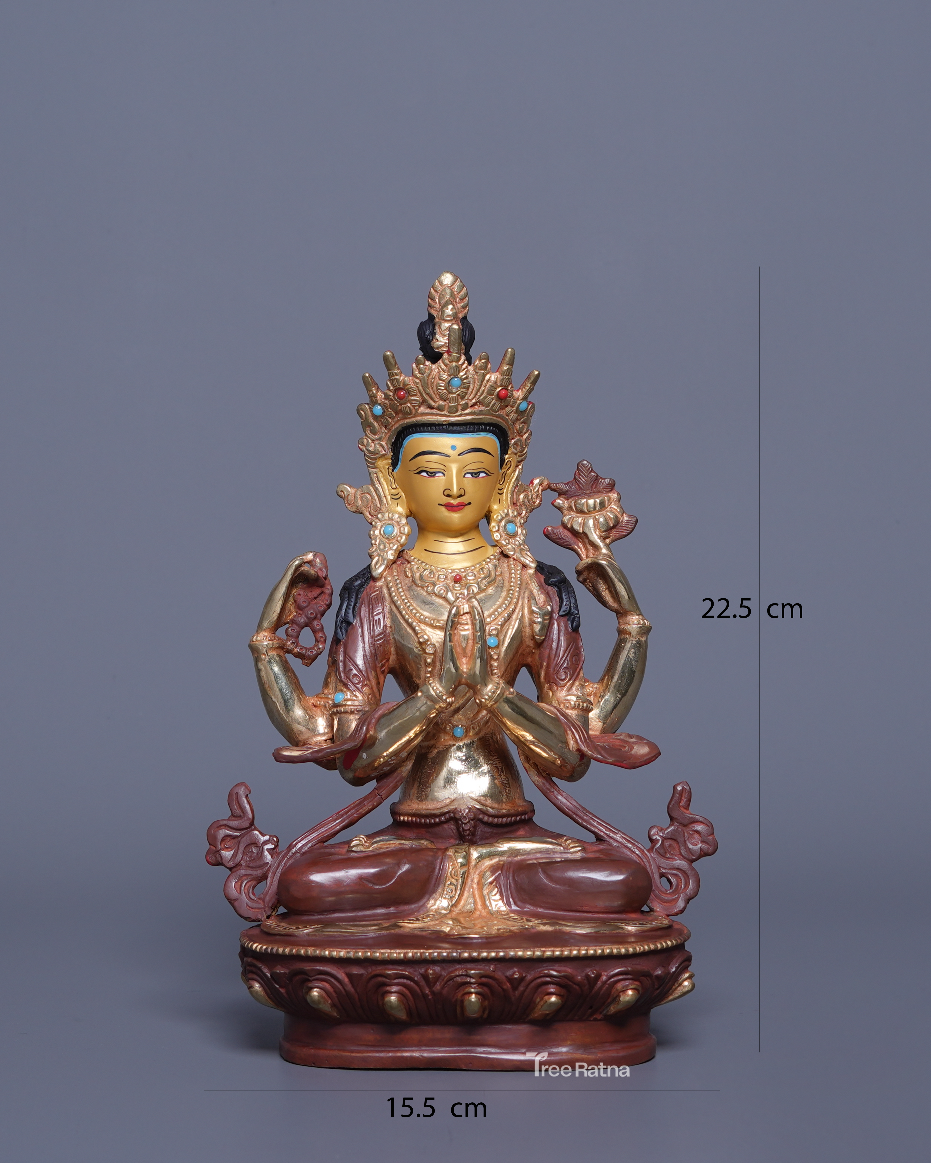 Four Armed Chenresig Statue – Embodiment of Infinite Compassion | 24K Gold Gilded Copper
