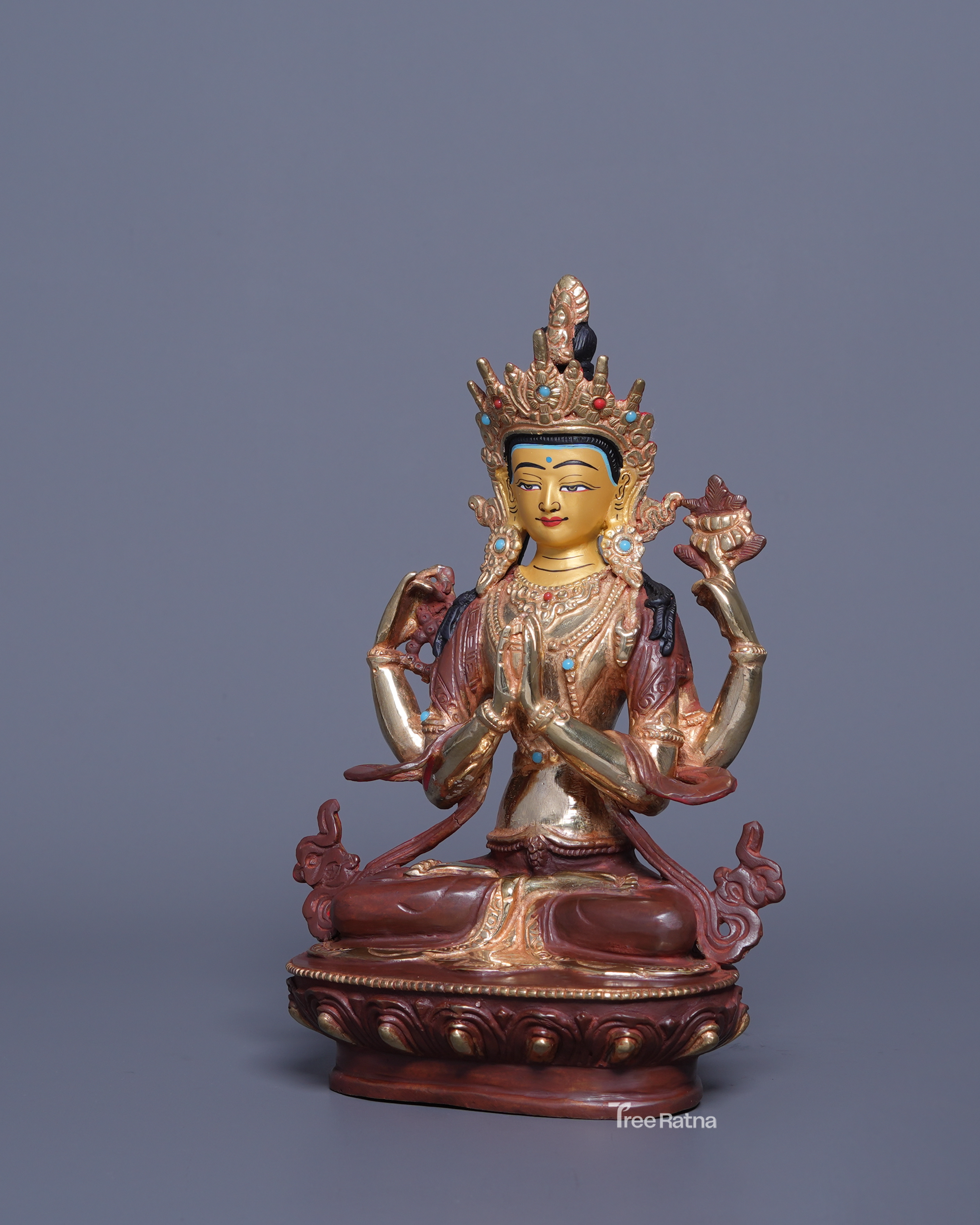 Four Armed Chenresig Statue – Embodiment of Infinite Compassion | 24K Gold Gilded Copper