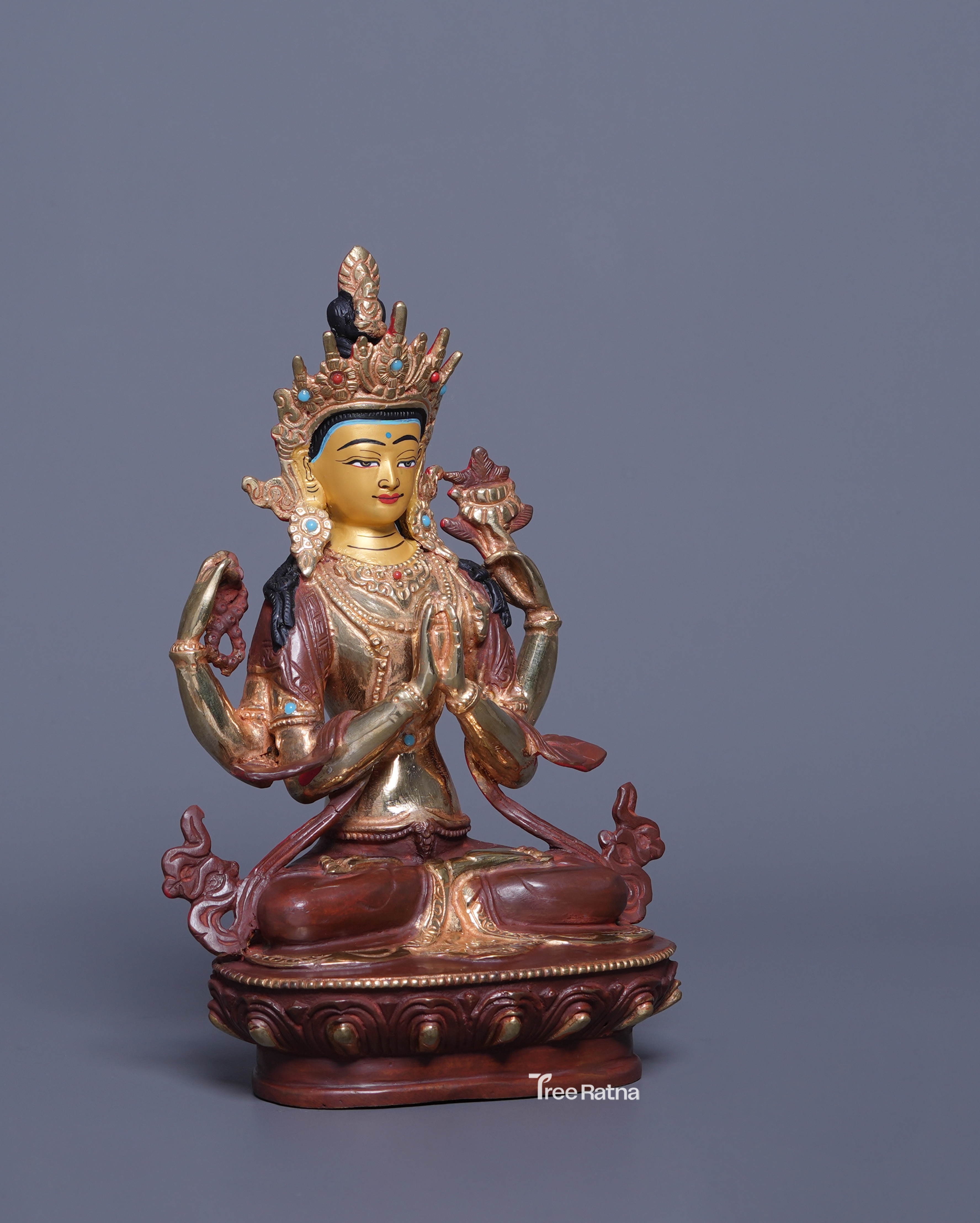 Four Armed Chenresig Statue – Embodiment of Infinite Compassion | 24K Gold Gilded Copper