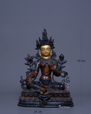 Handmade Green Tara Statue with Oxidized Copper & Gemstones – 24K Gold Painted Face from Nepal