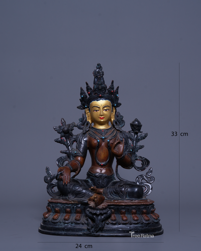 Handmade Green Tara Statue with Oxidized Copper & Gemstones – 24K Gold Painted Face from Nepal