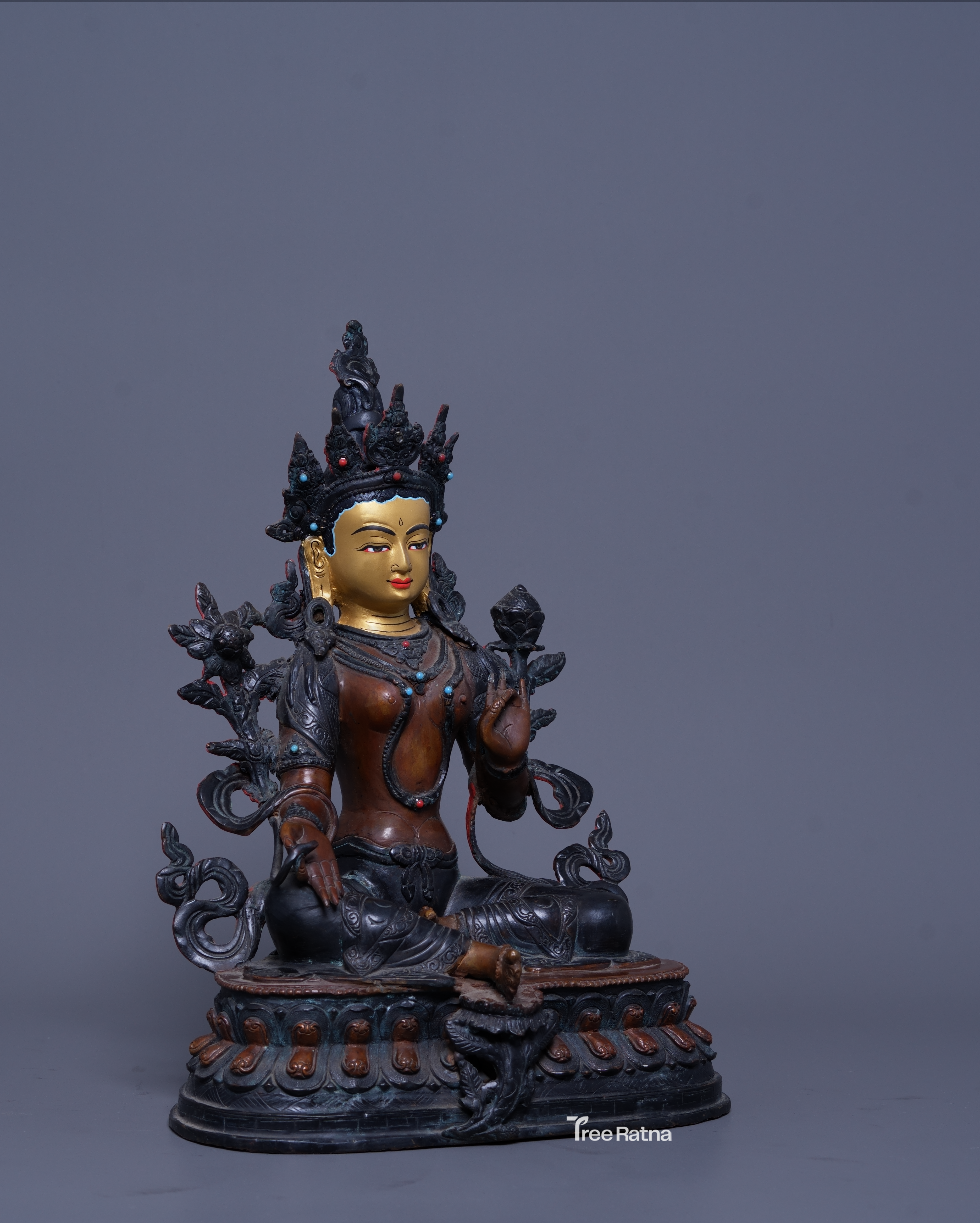 Handmade Green Tara Statue with Oxidized Copper & Gemstones – 24K Gold Painted Face from Nepal