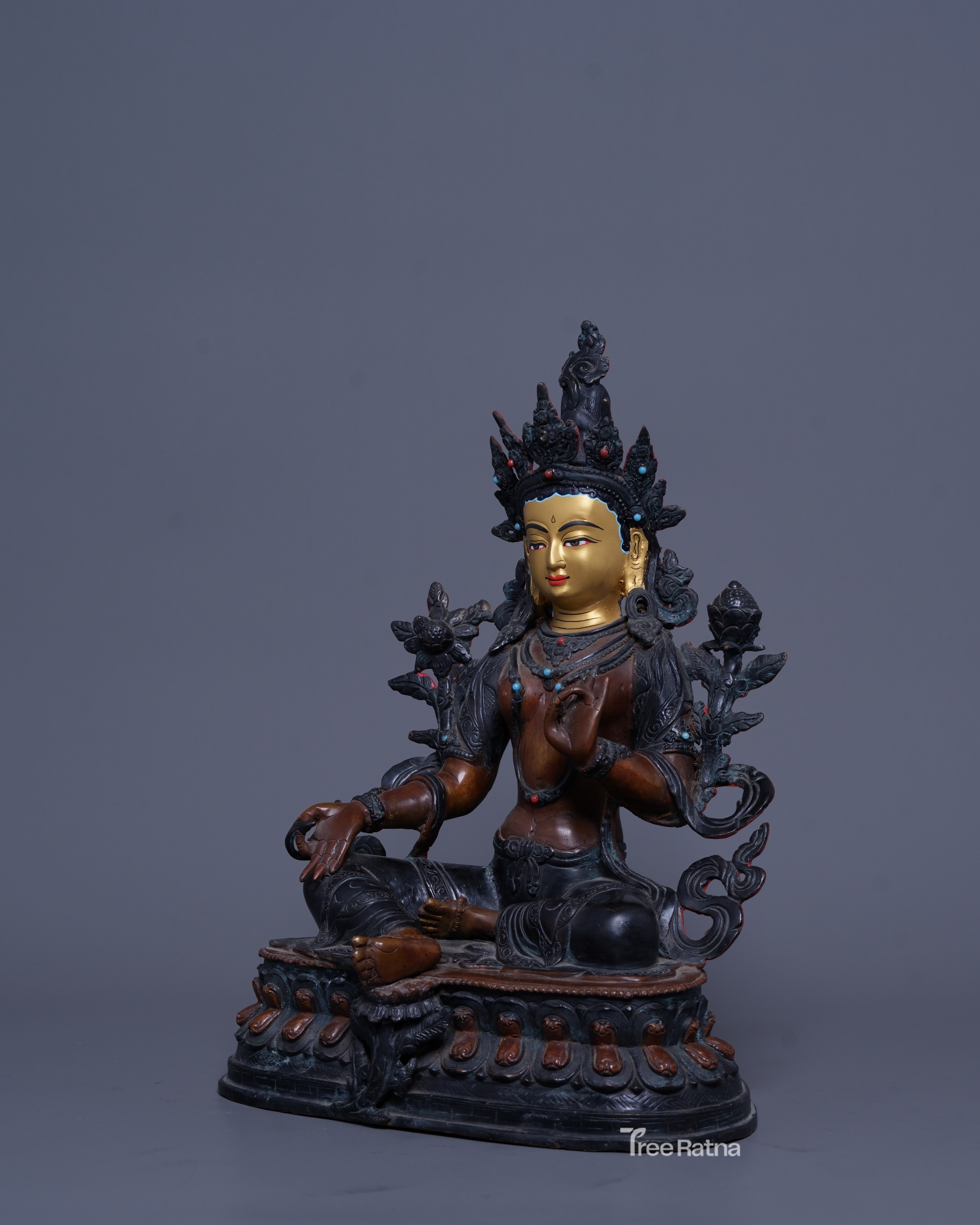 Handmade Green Tara Statue with Oxidized Copper & Gemstones – 24K Gold Painted Face from Nepal