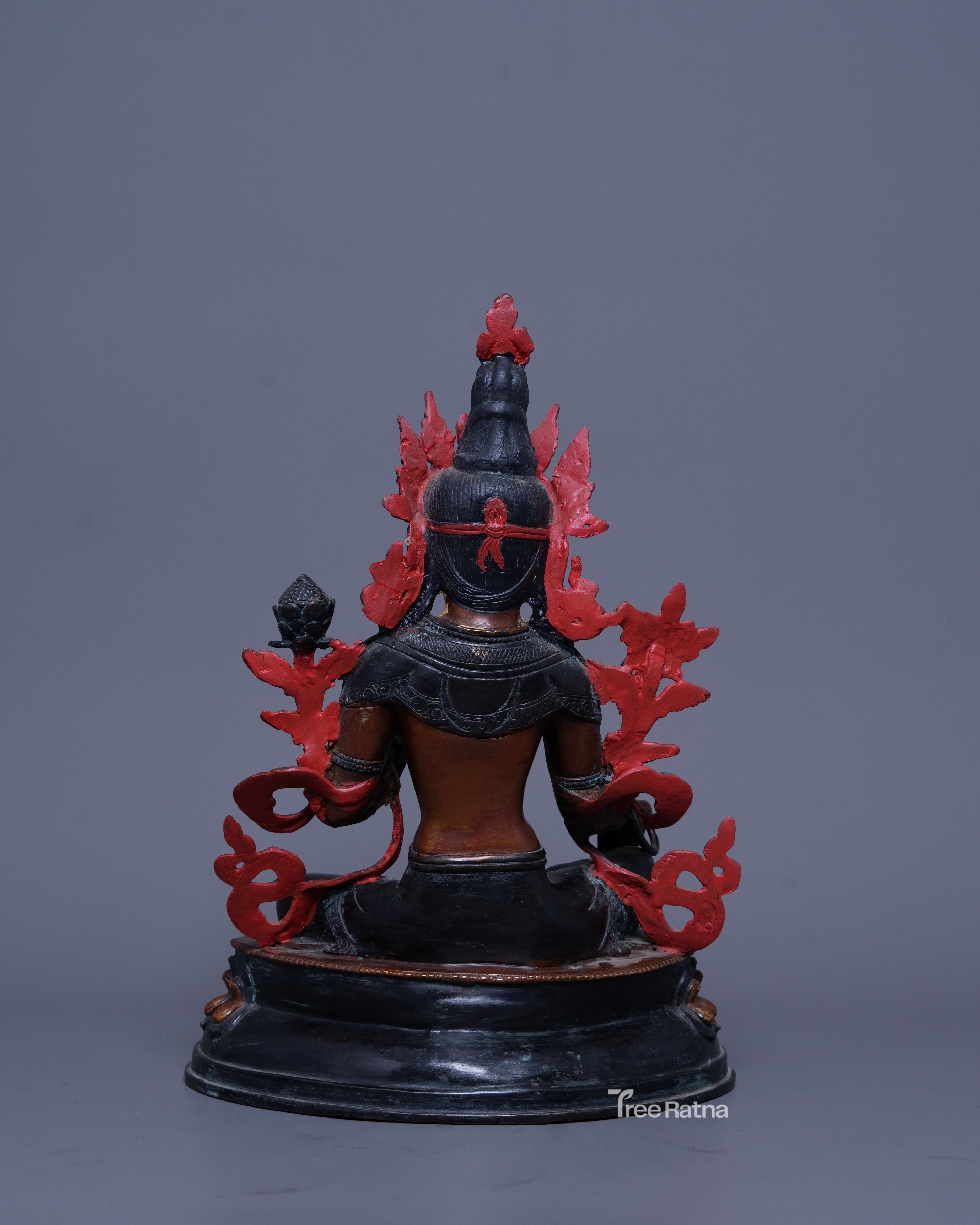 Handmade Green Tara Statue with Oxidized Copper & Gemstones – 24K Gold Painted Face from Nepal