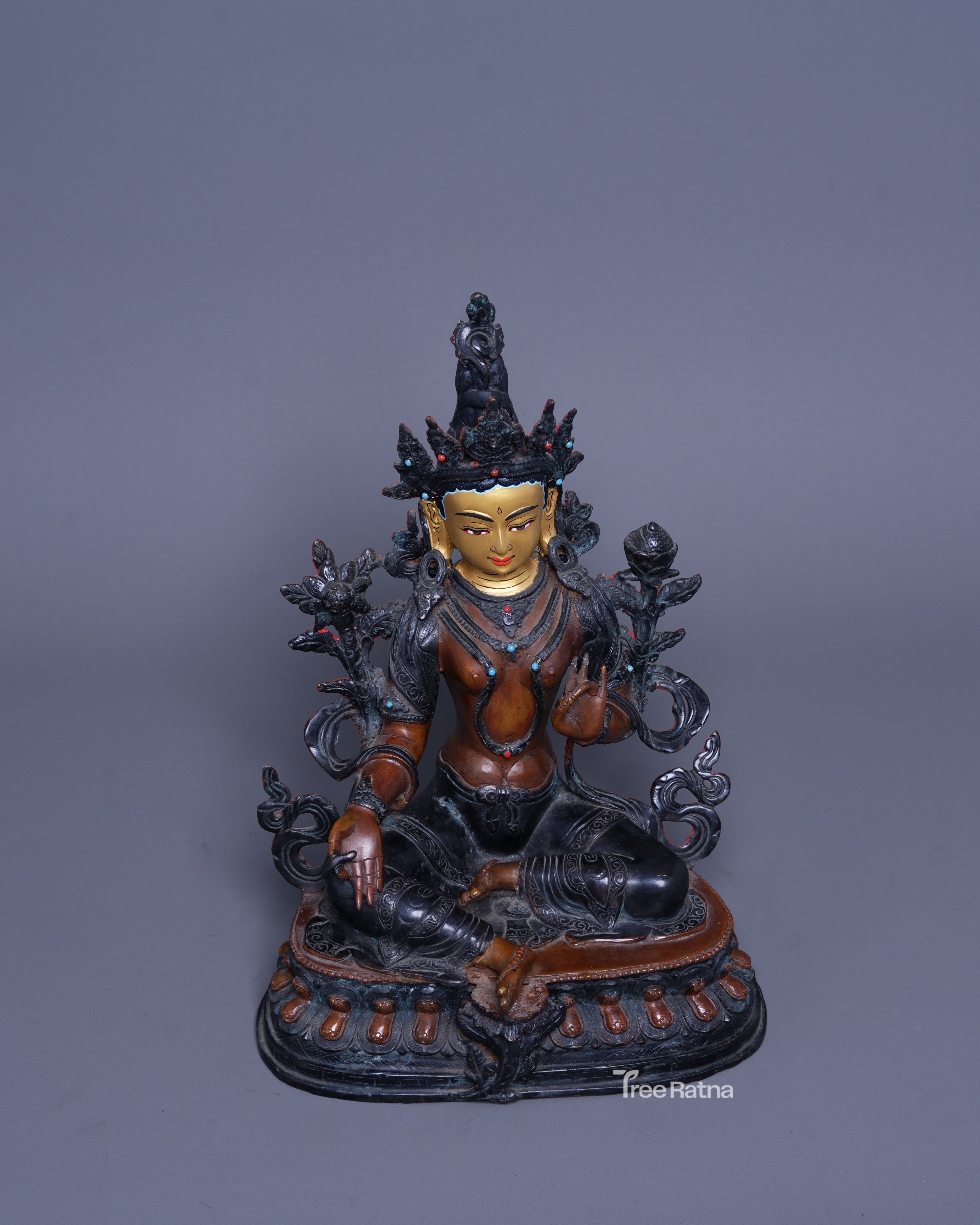 Handmade Green Tara Statue with Oxidized Copper & Gemstones – 24K Gold Painted Face from Nepal