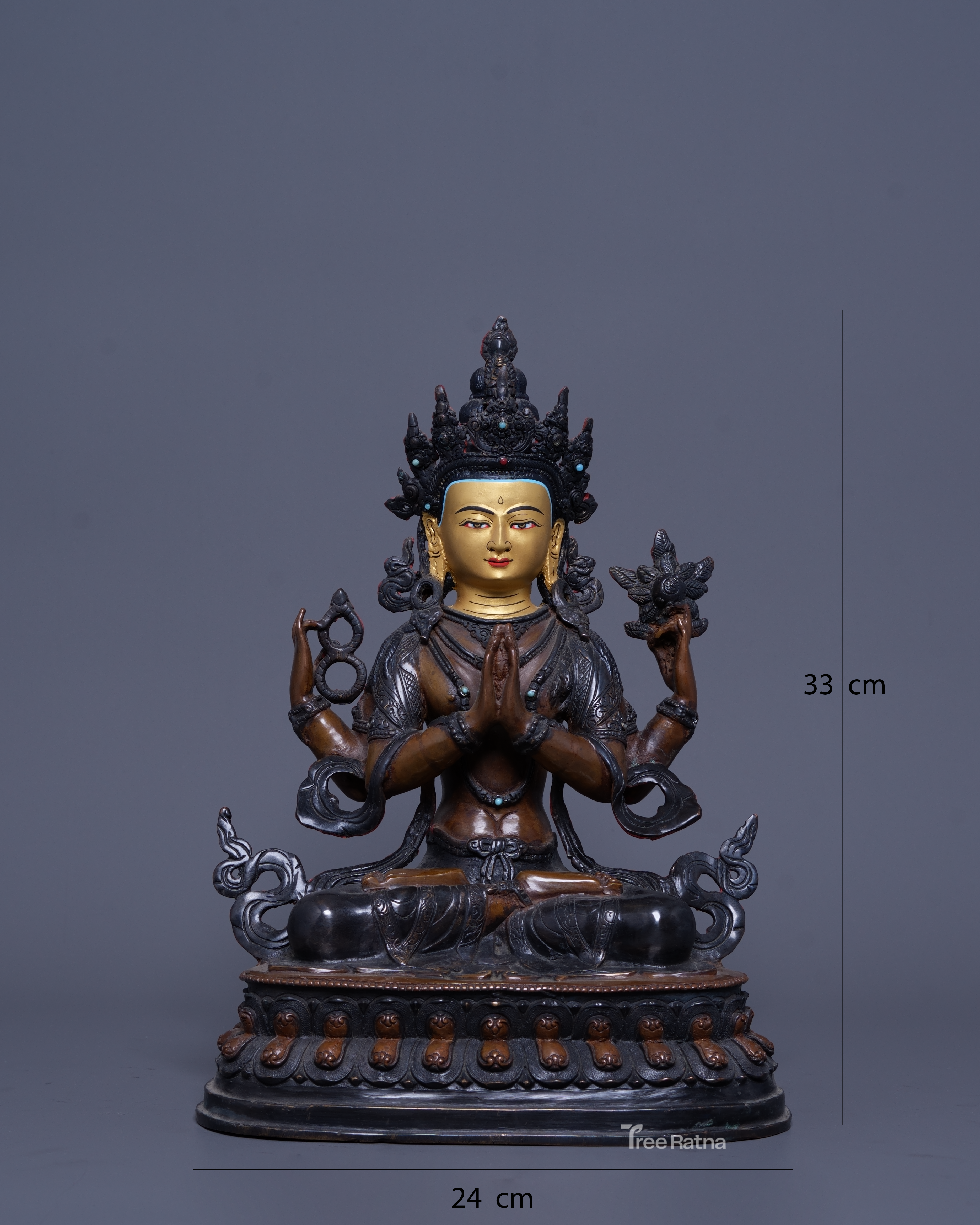 Chenresig Statue – Oxidized Copper, Gemstone Inlay & 24K Gold Painted Face | Handmade Nepal