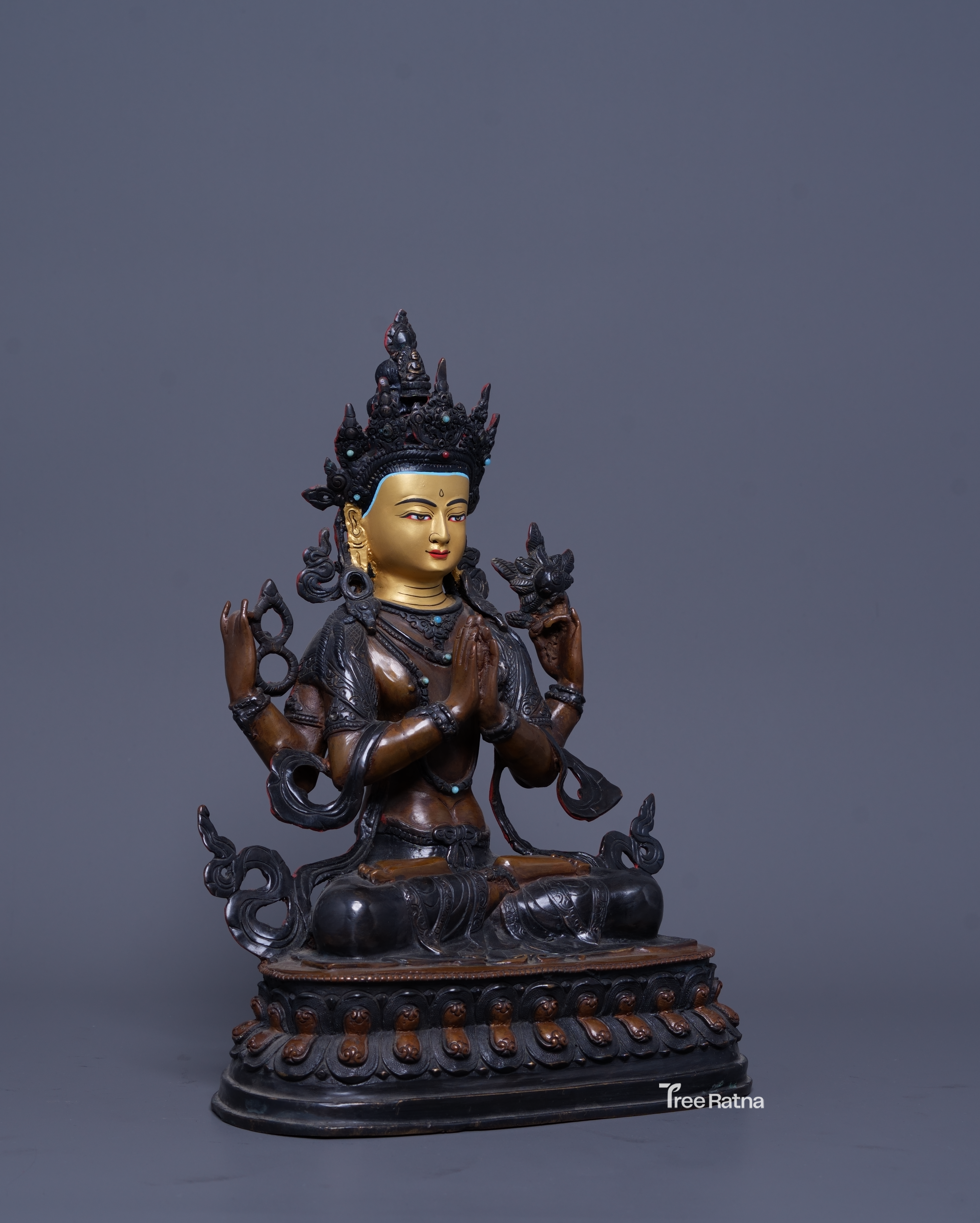 Chenresig Statue – Oxidized Copper, Gemstone Inlay & 24K Gold Painted Face | Handmade Nepal