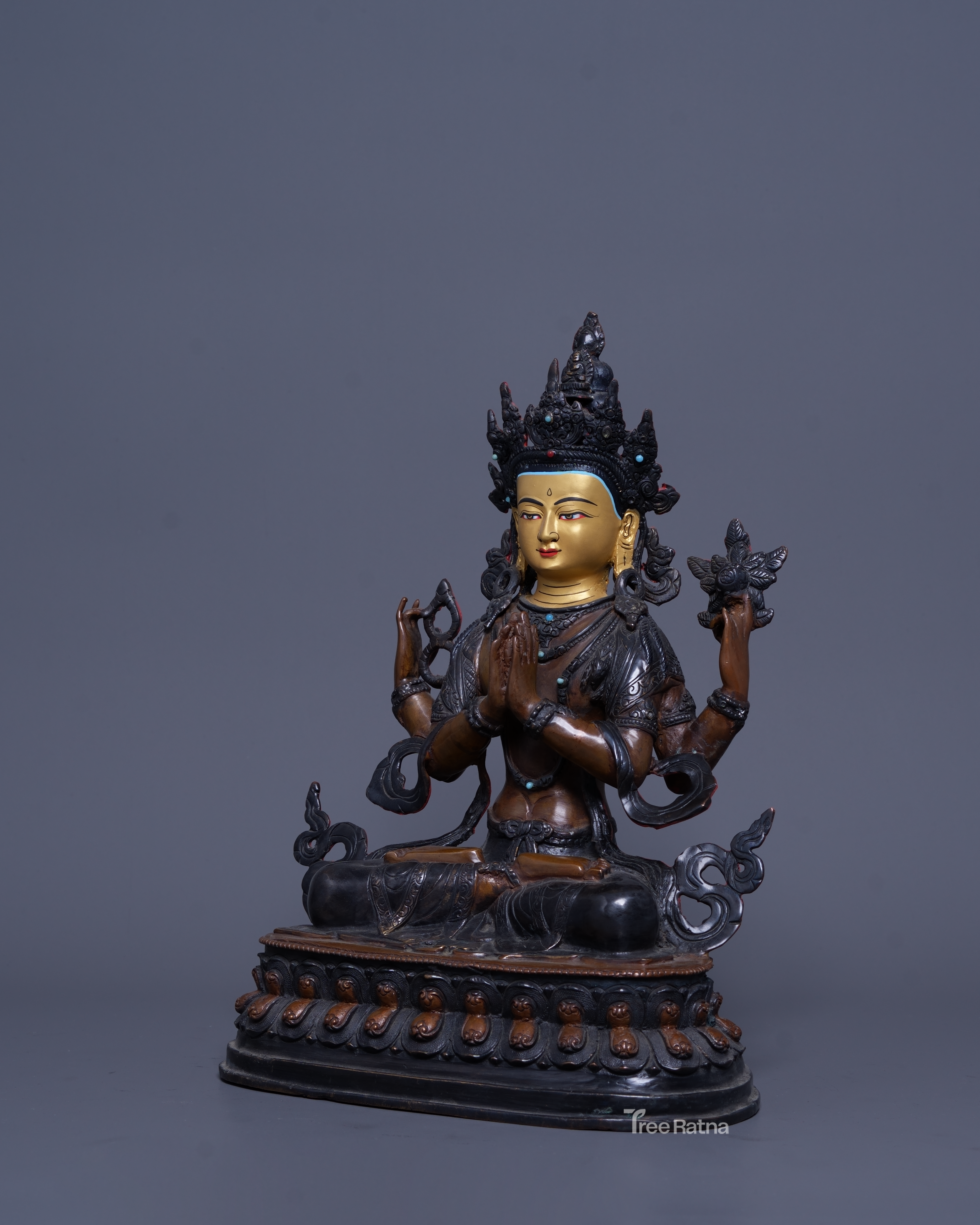Chenresig Statue – Oxidized Copper, Gemstone Inlay & 24K Gold Painted Face | Handmade Nepal