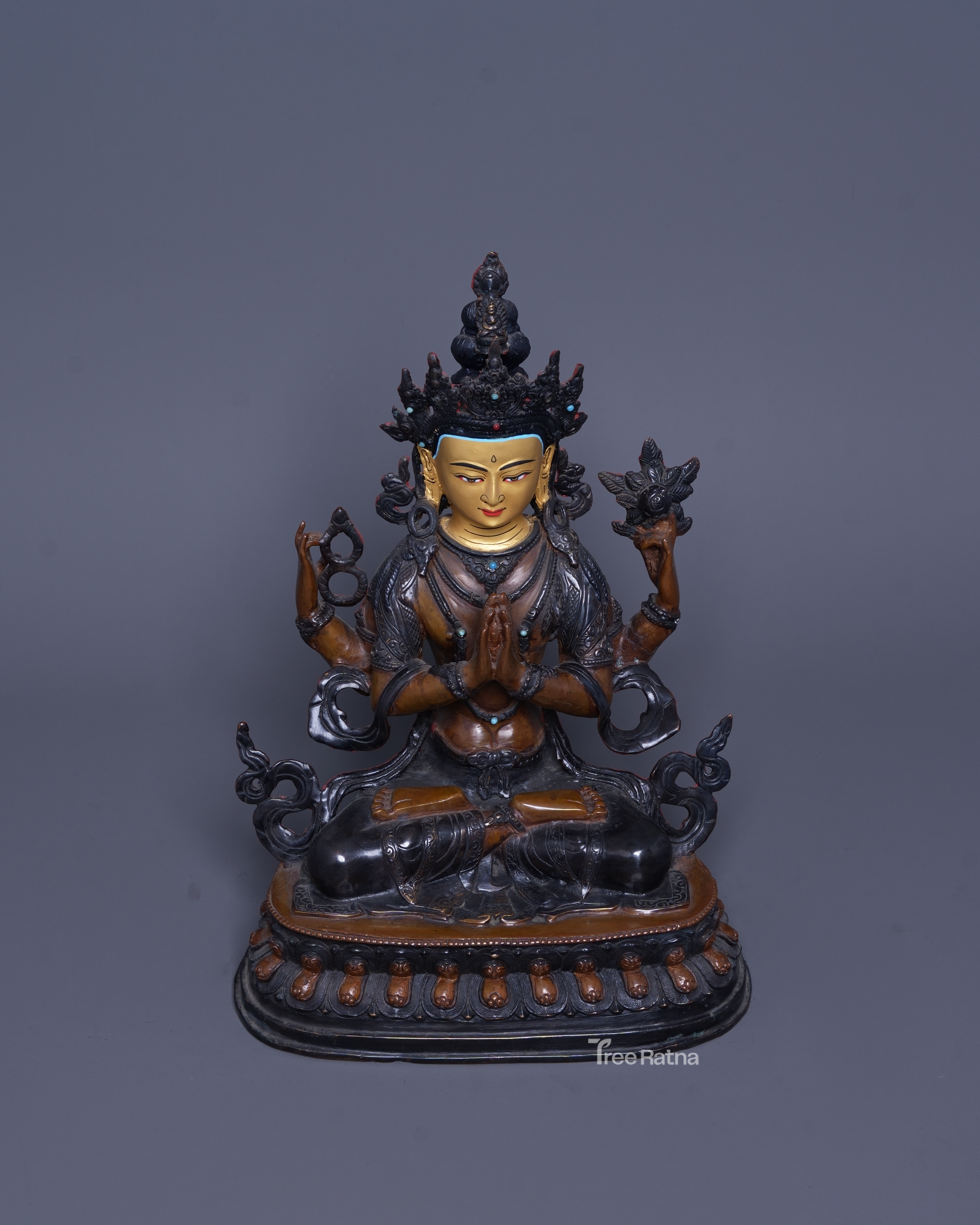 Chenresig Statue – Oxidized Copper, Gemstone Inlay & 24K Gold Painted Face | Handmade Nepal
