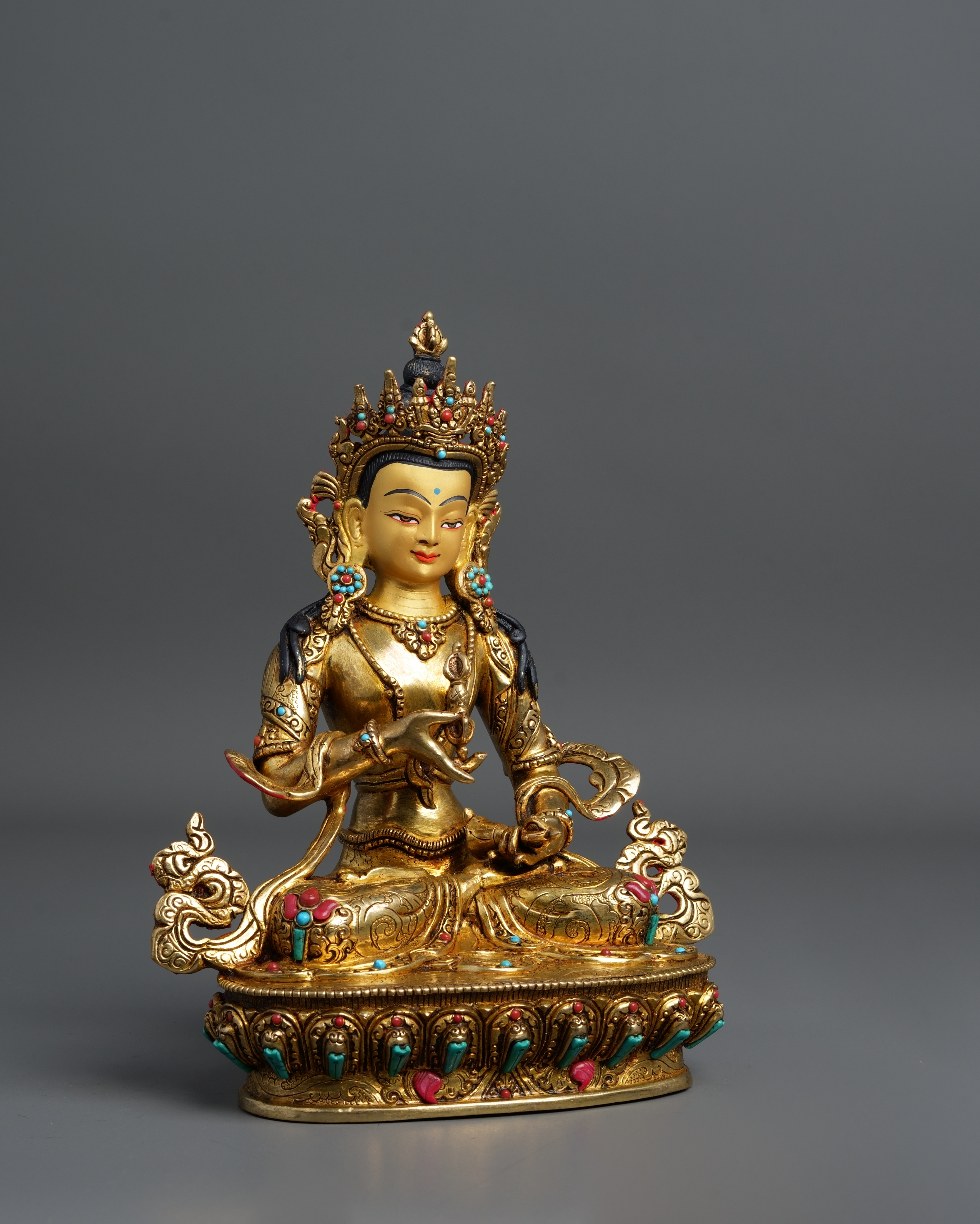 Vajrasattva Statue – 24K Gold Gilded Copper with Gemstones