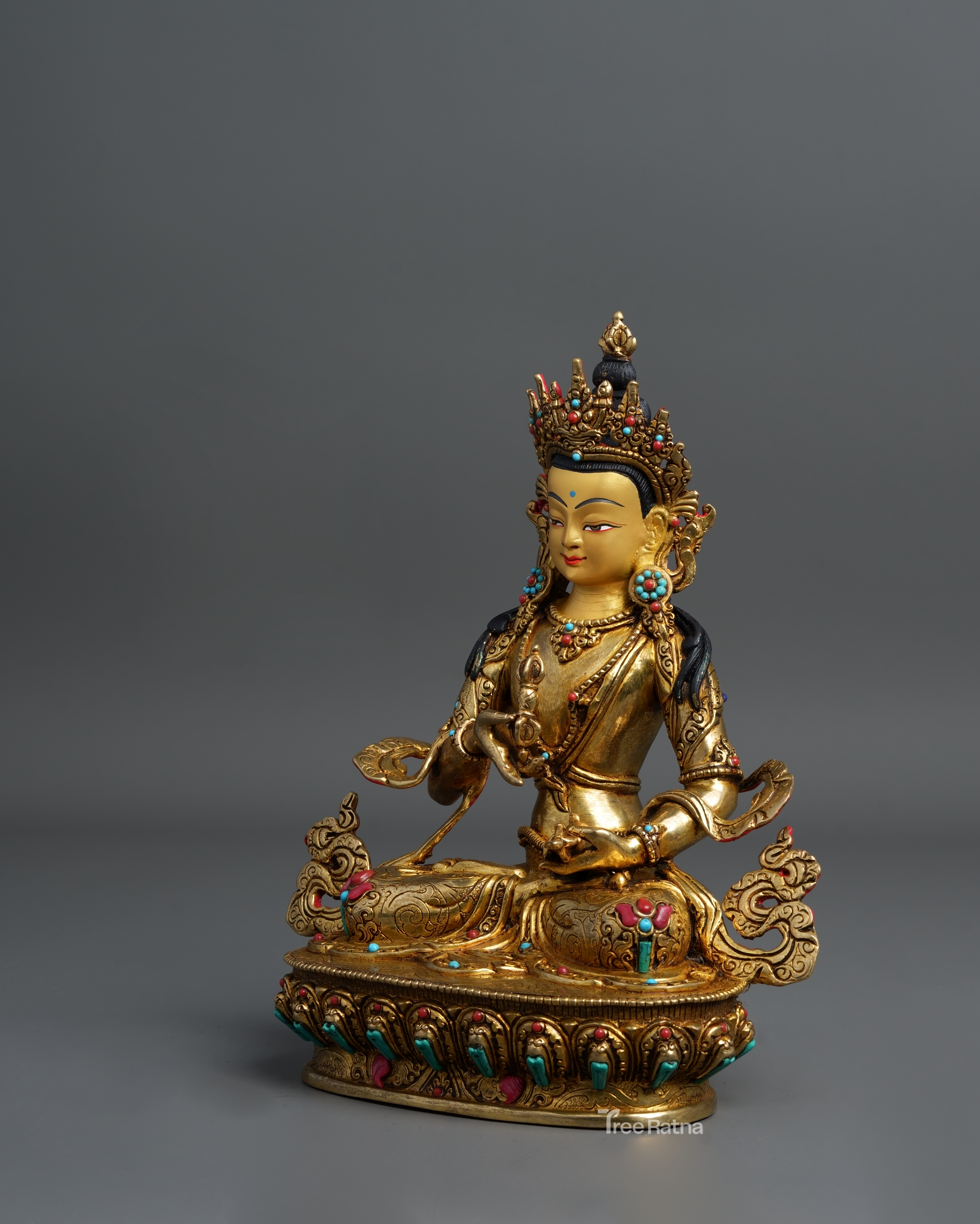 Vajrasattva Statue – 24K Gold Gilded Copper with Gemstones