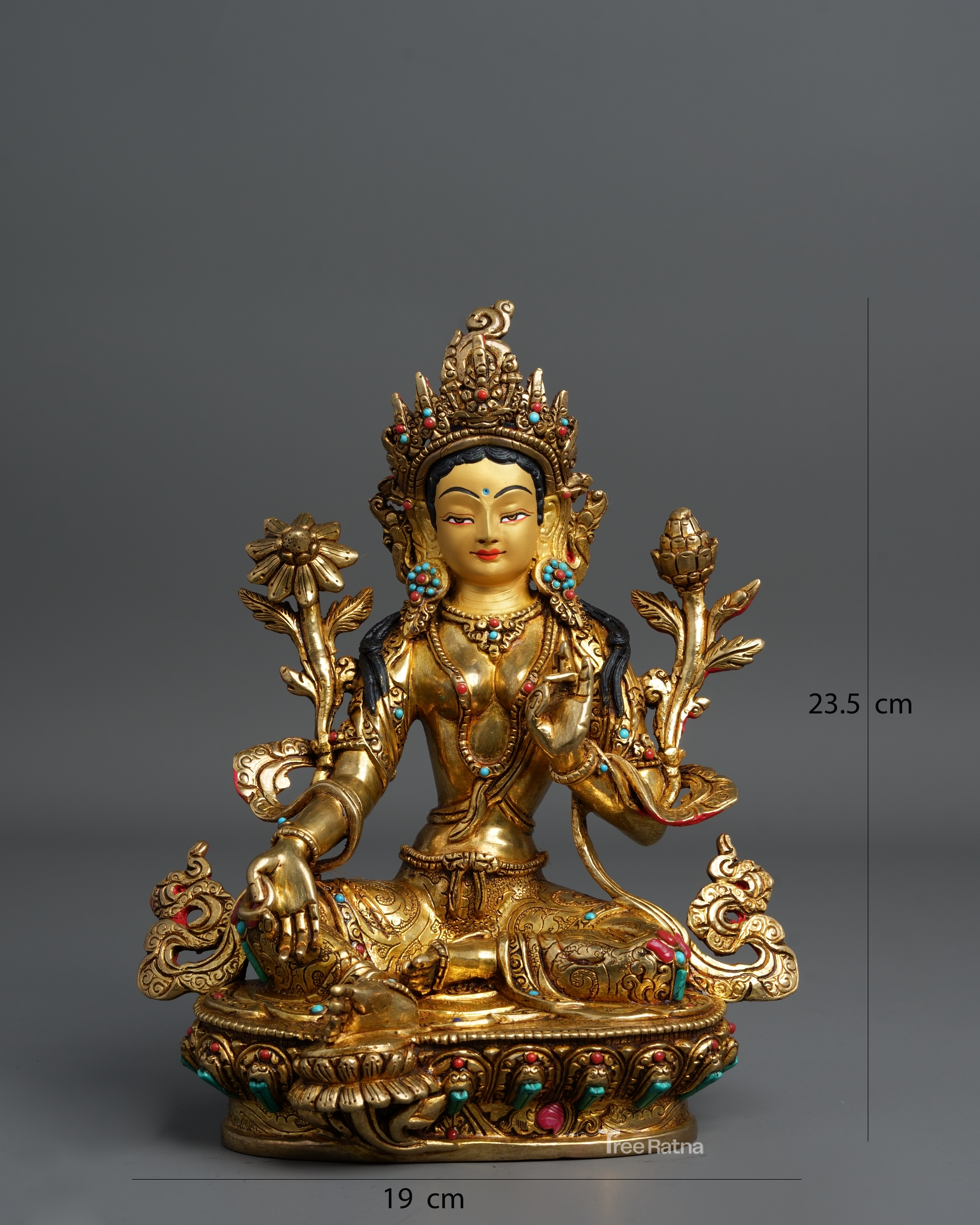 Green Tara Statue – 24K Gold Gilded Copper with Gemstones