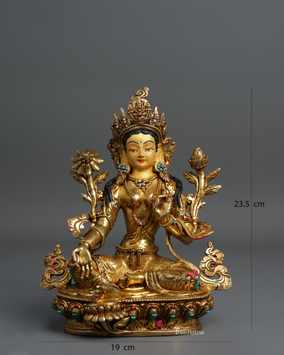 Green Tara Statue – 24K Gold Gilded Copper with Gemstones