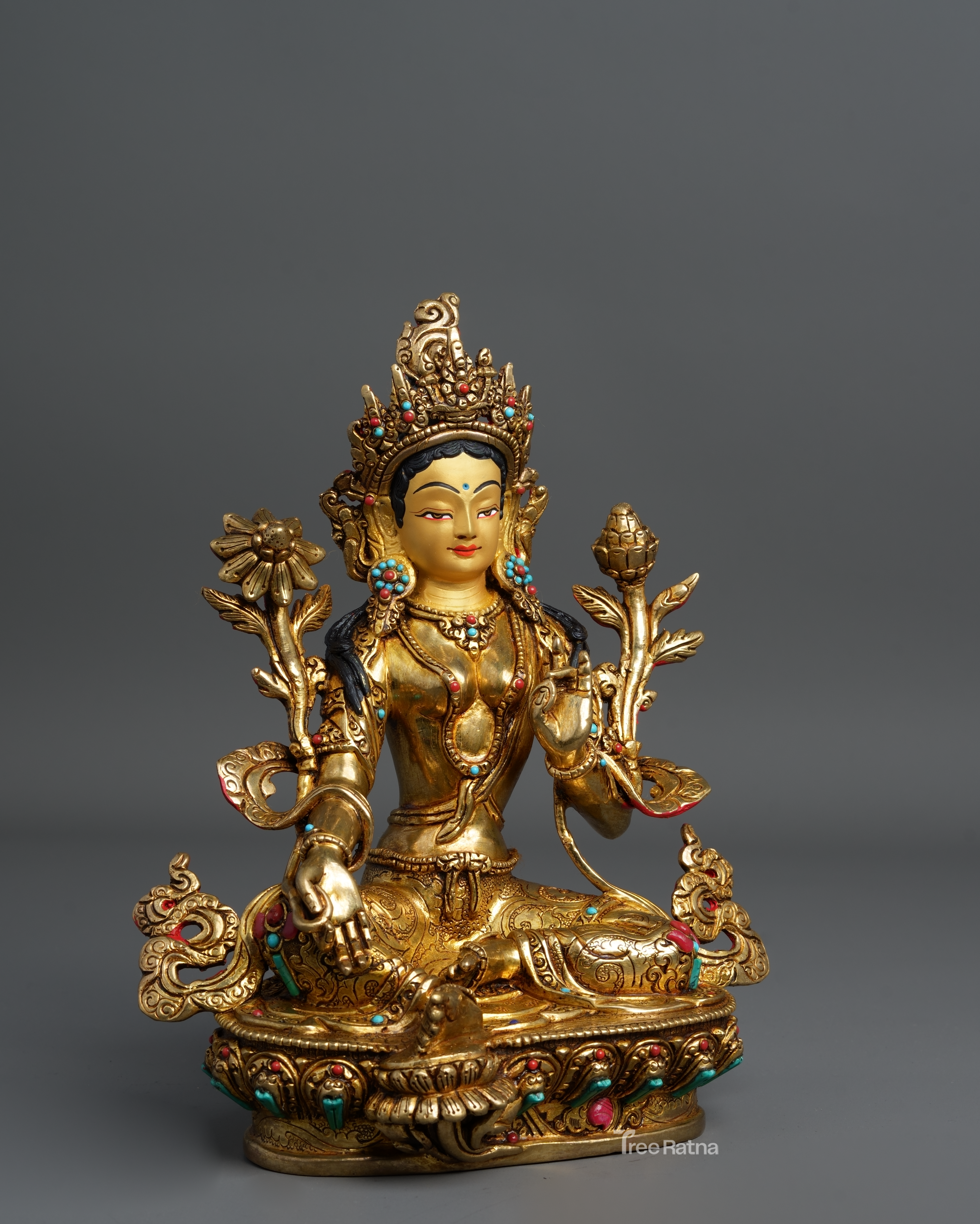 Green Tara Statue – 24K Gold Gilded Copper with Gemstones