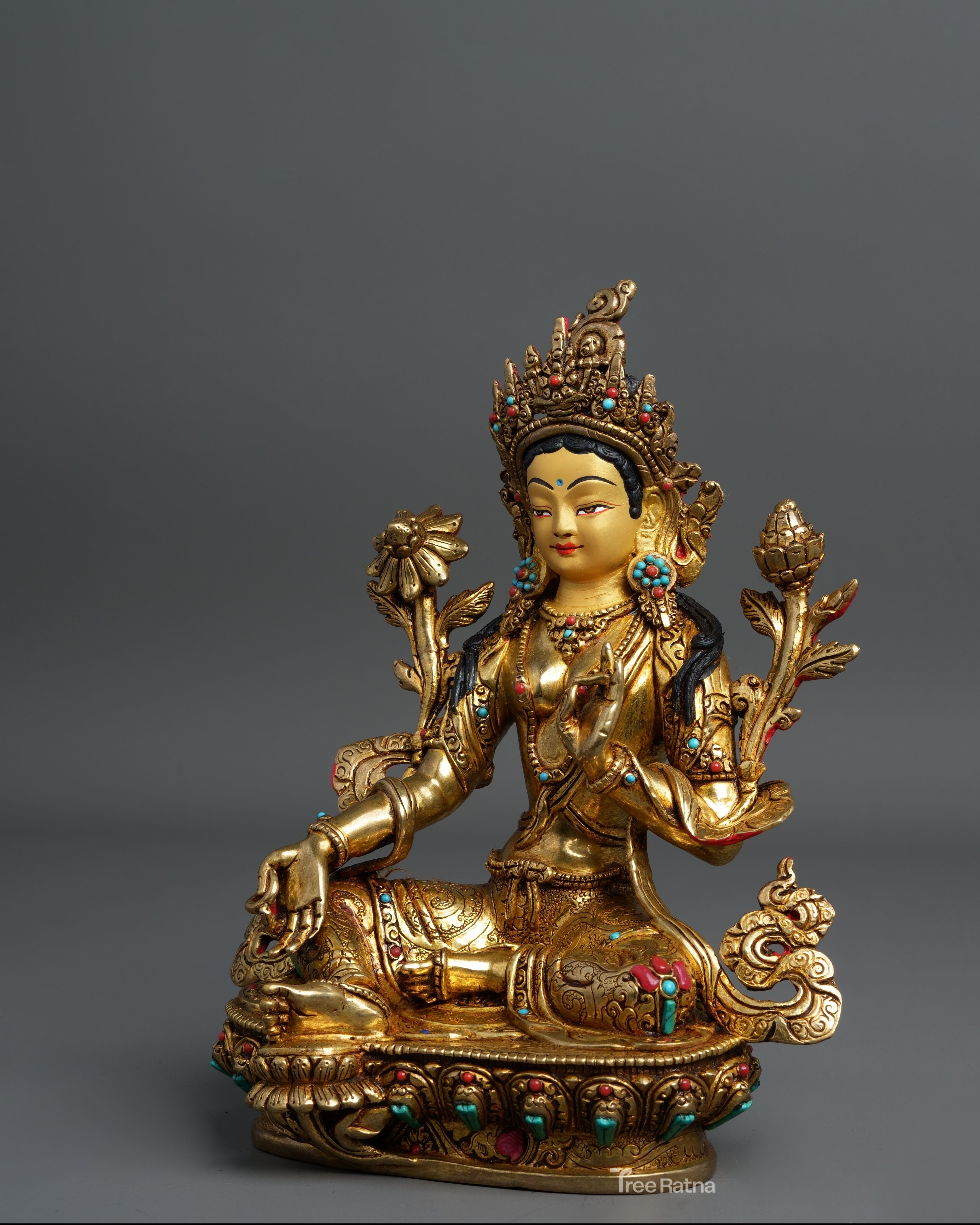 Green Tara Statue – 24K Gold Gilded Copper with Gemstones
