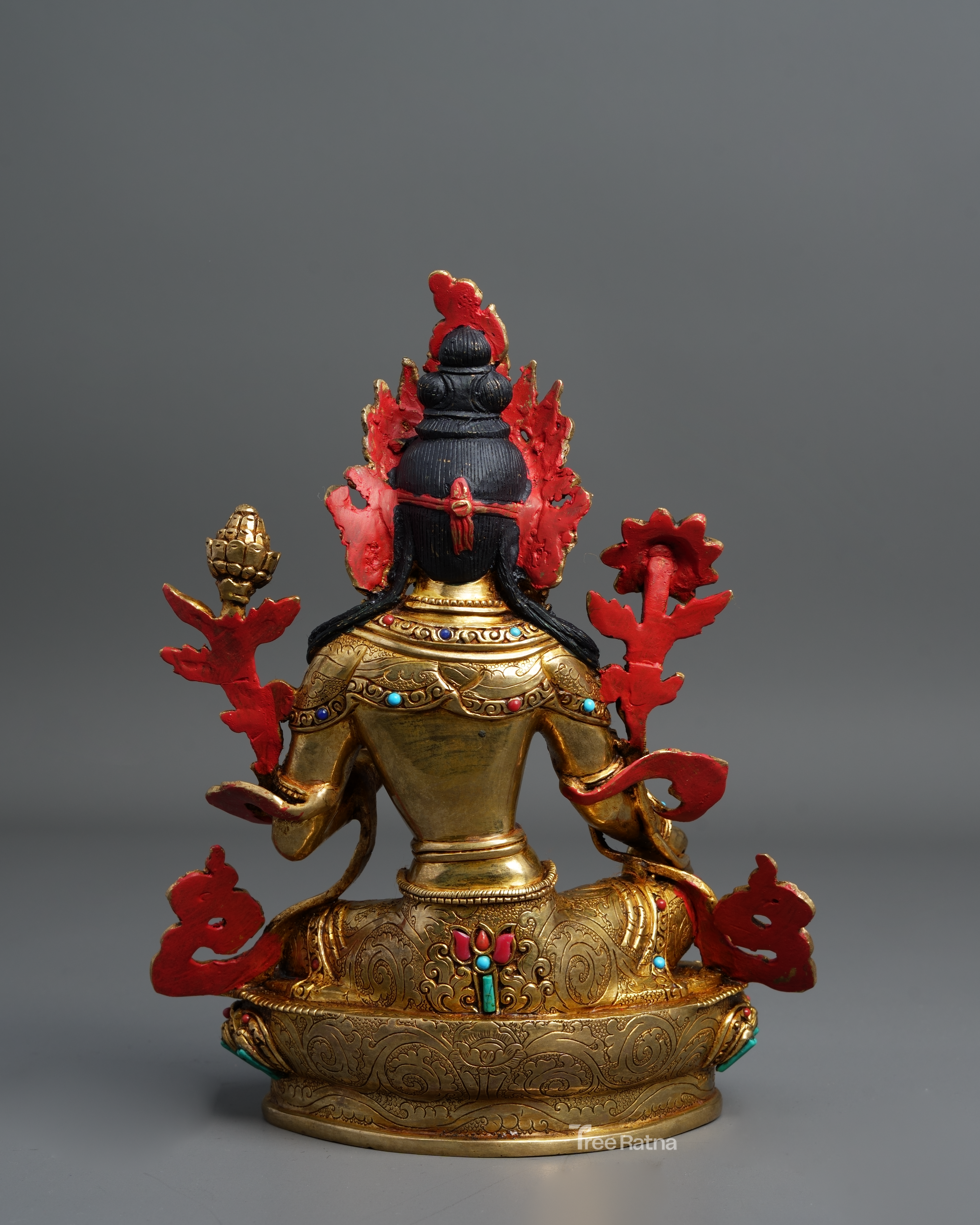 Green Tara Statue – 24K Gold Gilded Copper with Gemstones