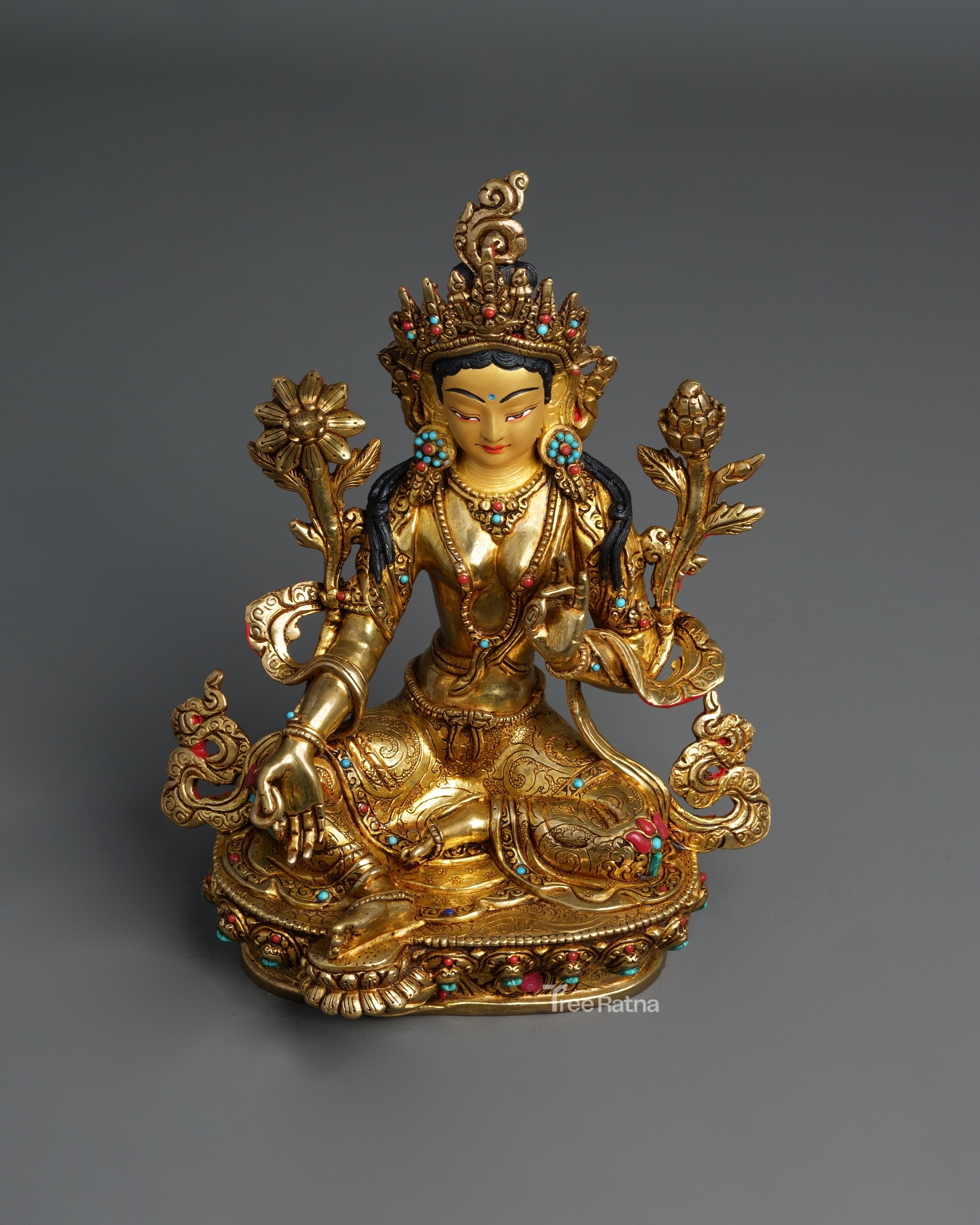 Green Tara Statue – 24K Gold Gilded Copper with Gemstones
