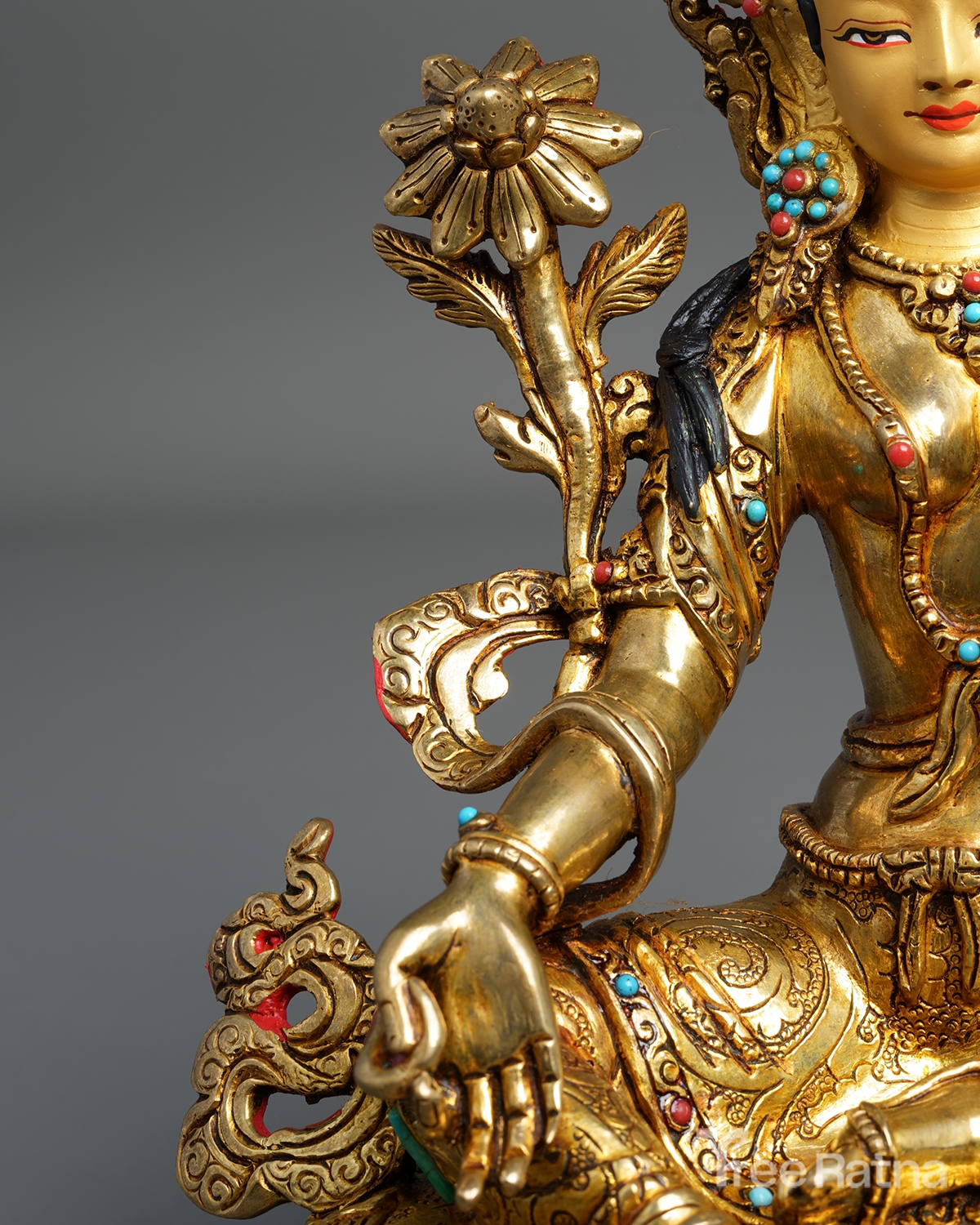 Green Tara Statue – 24K Gold Gilded Copper with Gemstones