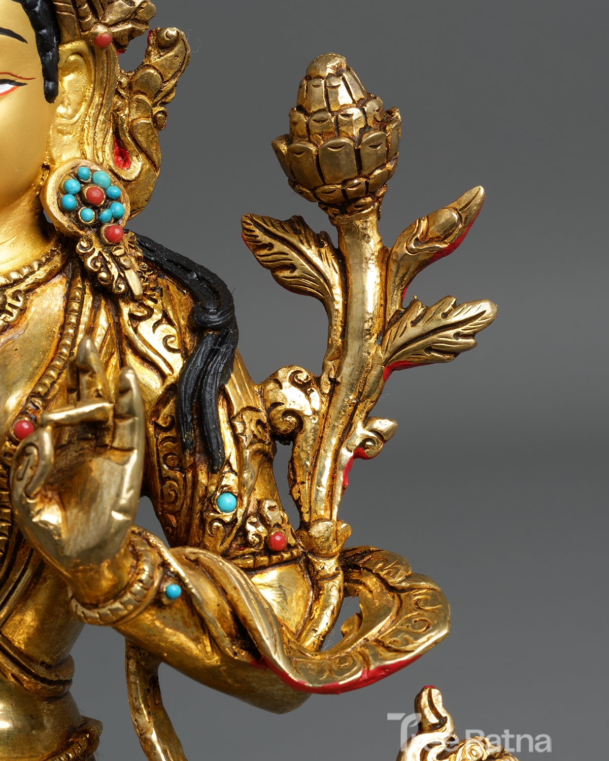 Green Tara Statue – 24K Gold Gilded Copper with Gemstones