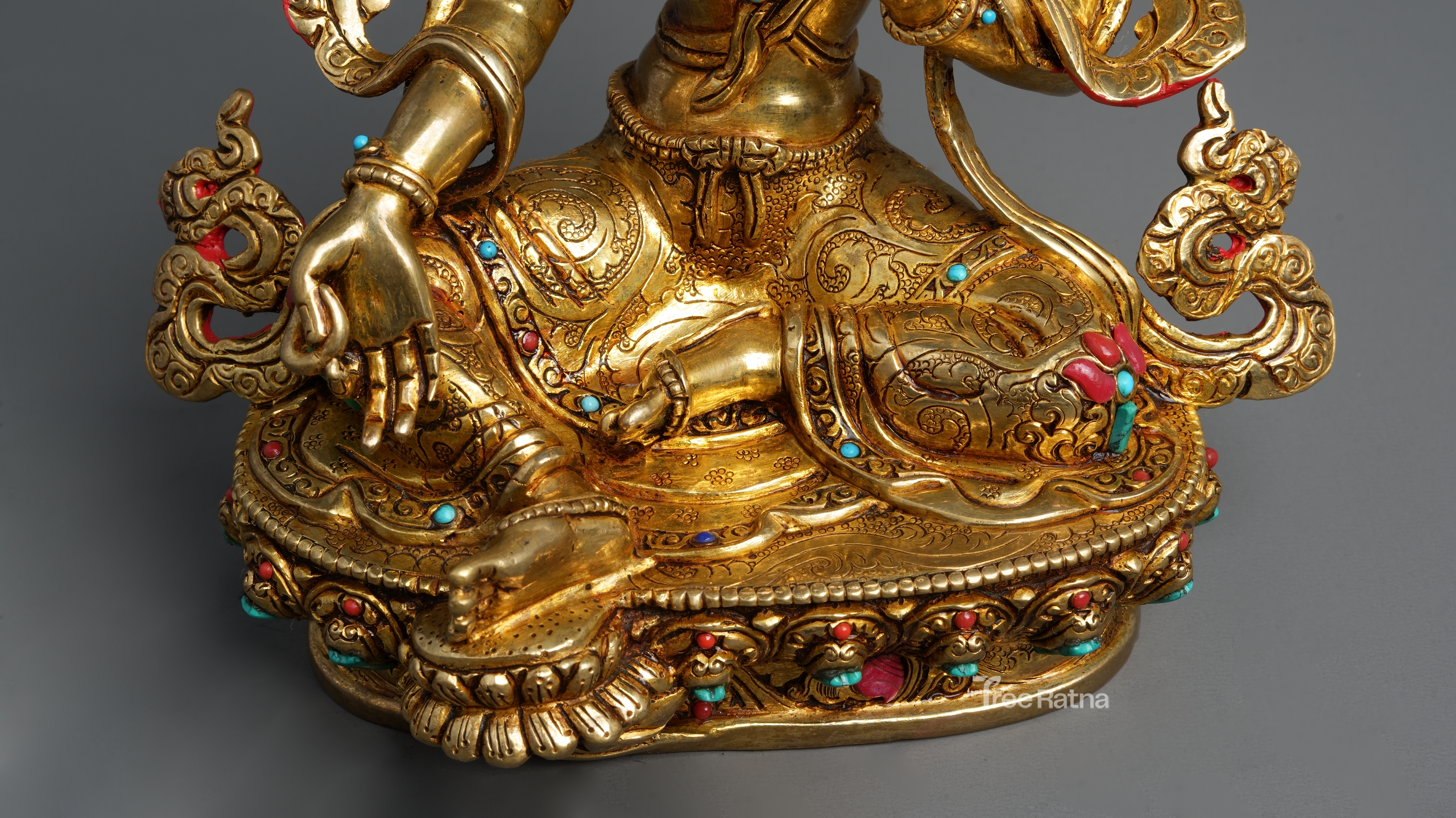Green Tara Statue – 24K Gold Gilded Copper with Gemstones