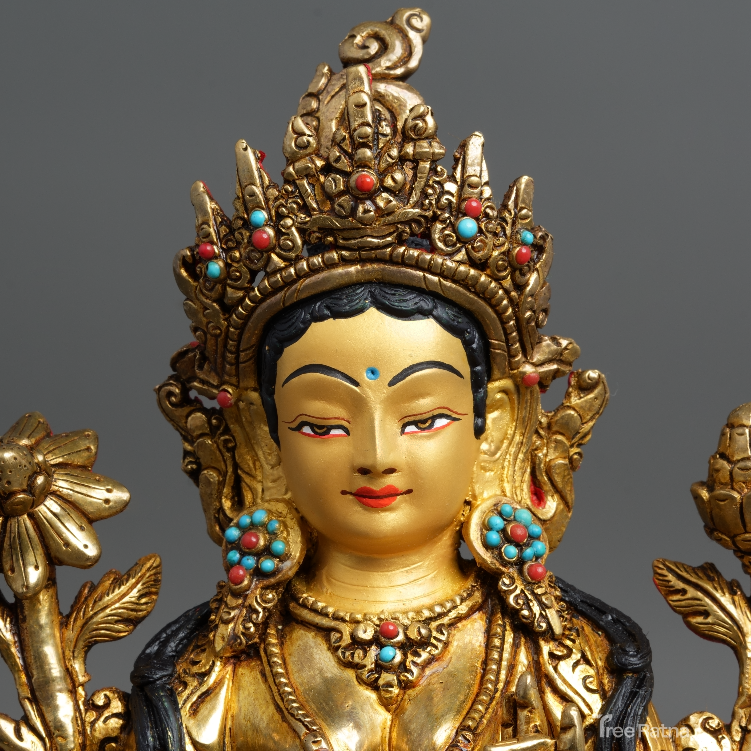Green Tara Statue – 24K Gold Gilded Copper with Gemstones