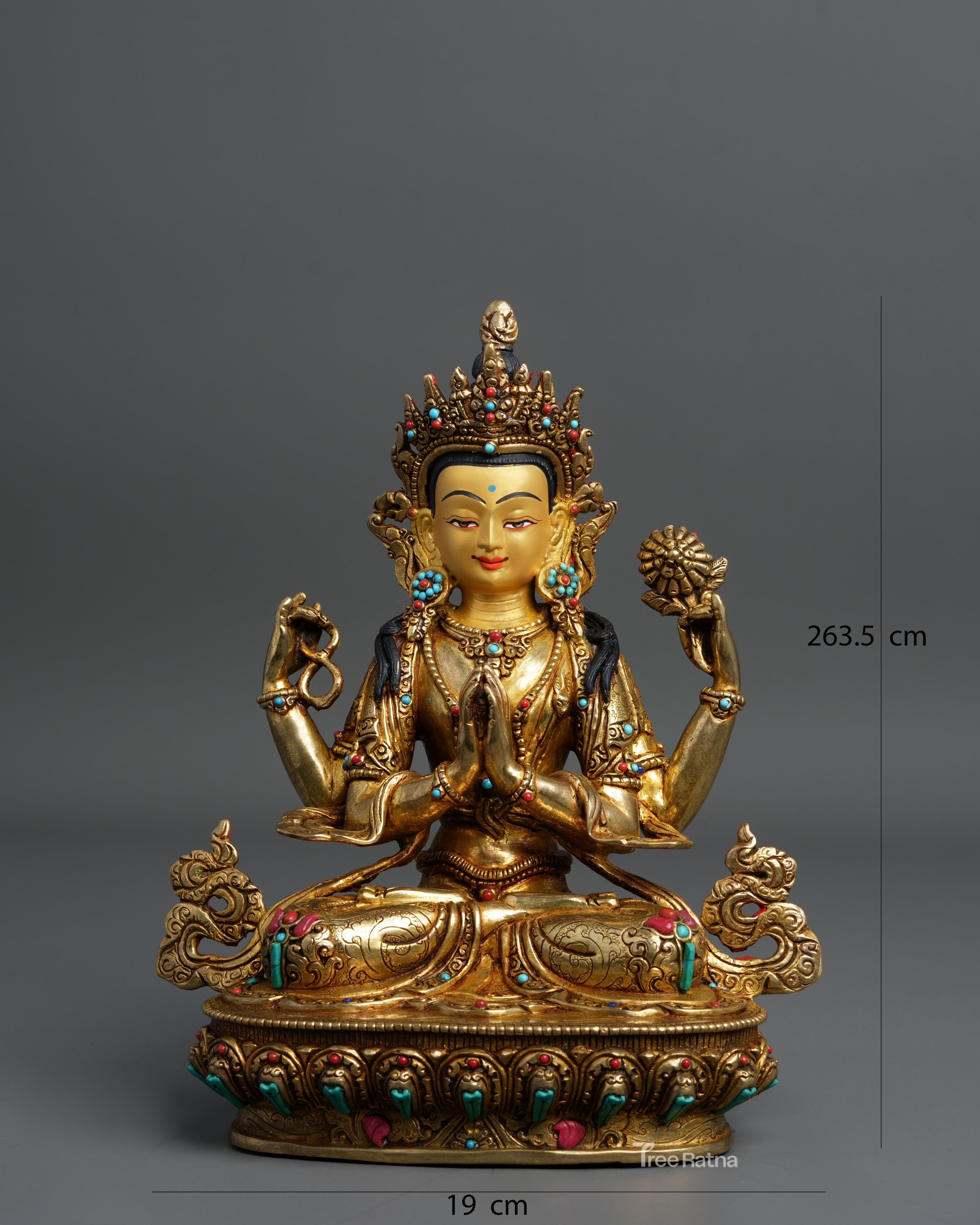 Chenresig Bodhisattva Statue – 24K Gold Finish with Gemstones
