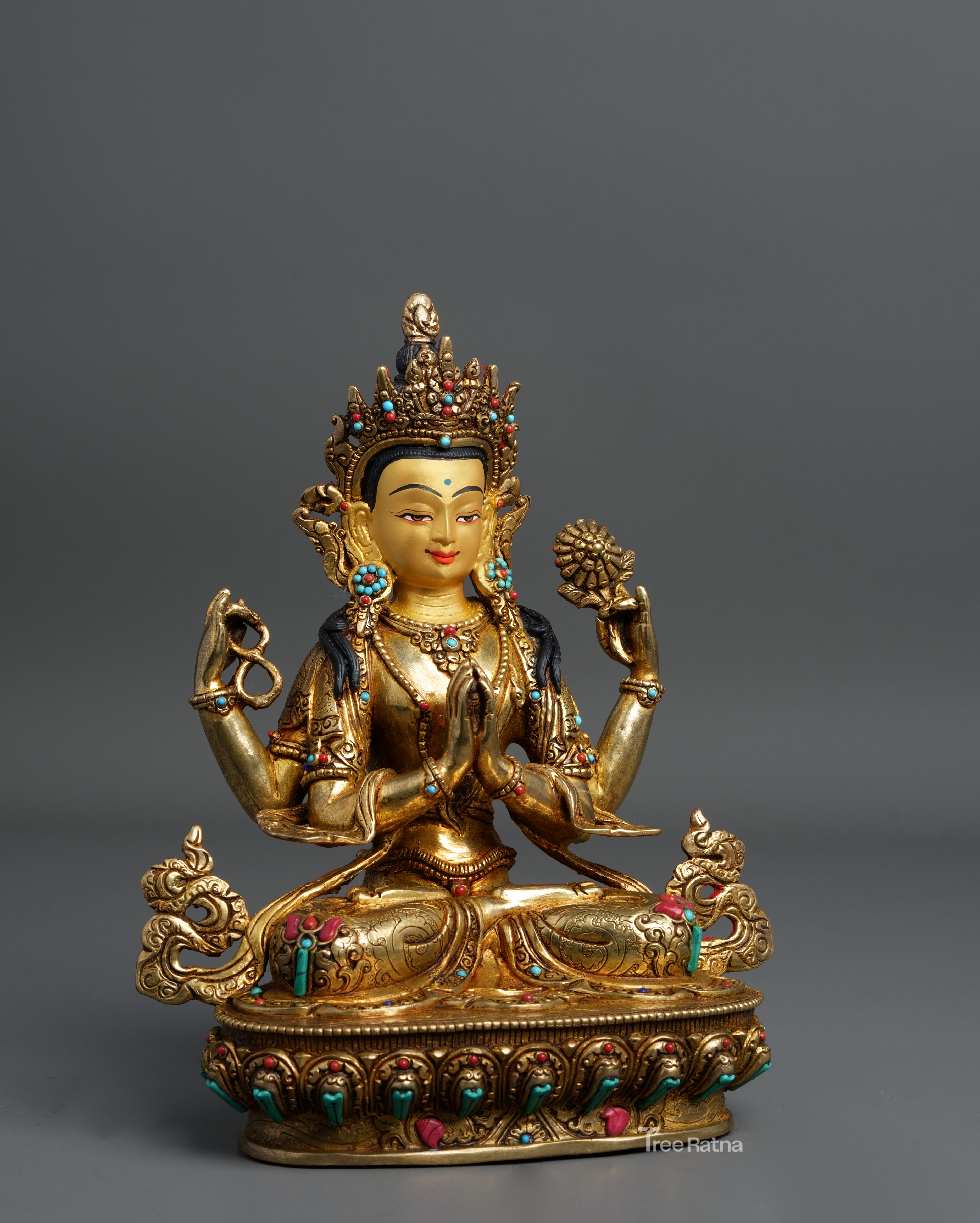 Chenresig Bodhisattva Statue – 24K Gold Finish with Gemstones
