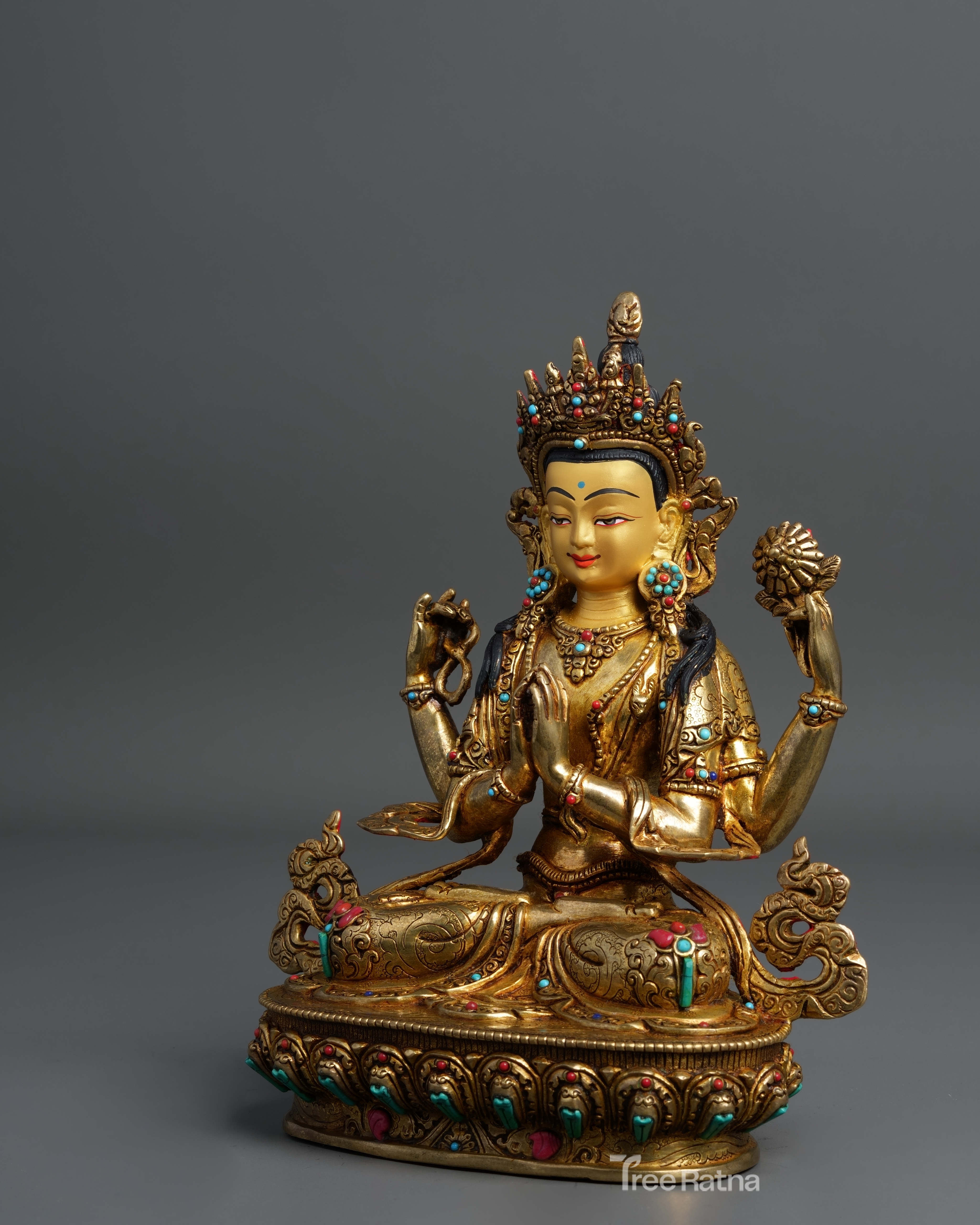 Chenresig Bodhisattva Statue – 24K Gold Finish with Gemstones