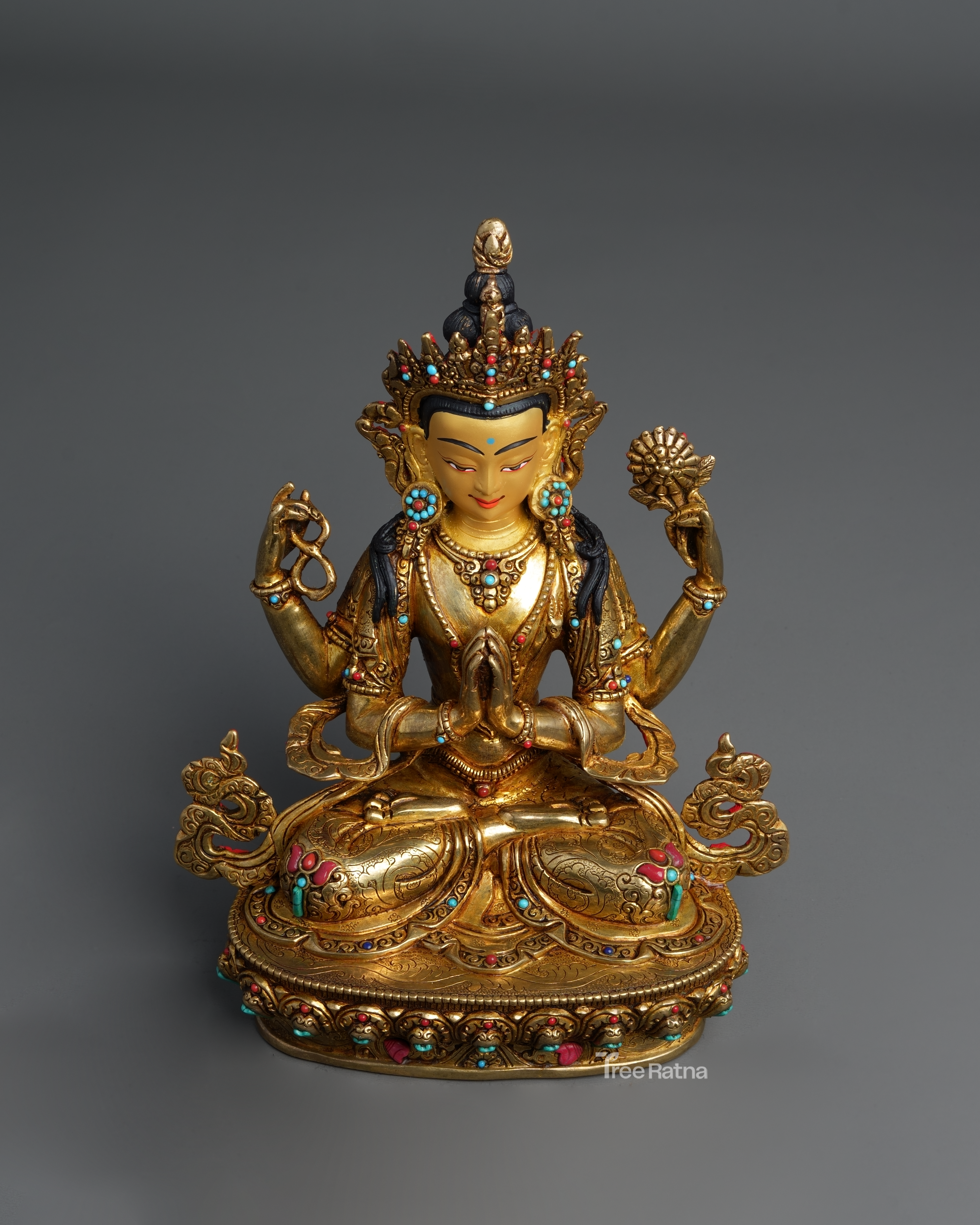 Chenresig Bodhisattva Statue – 24K Gold Finish with Gemstones