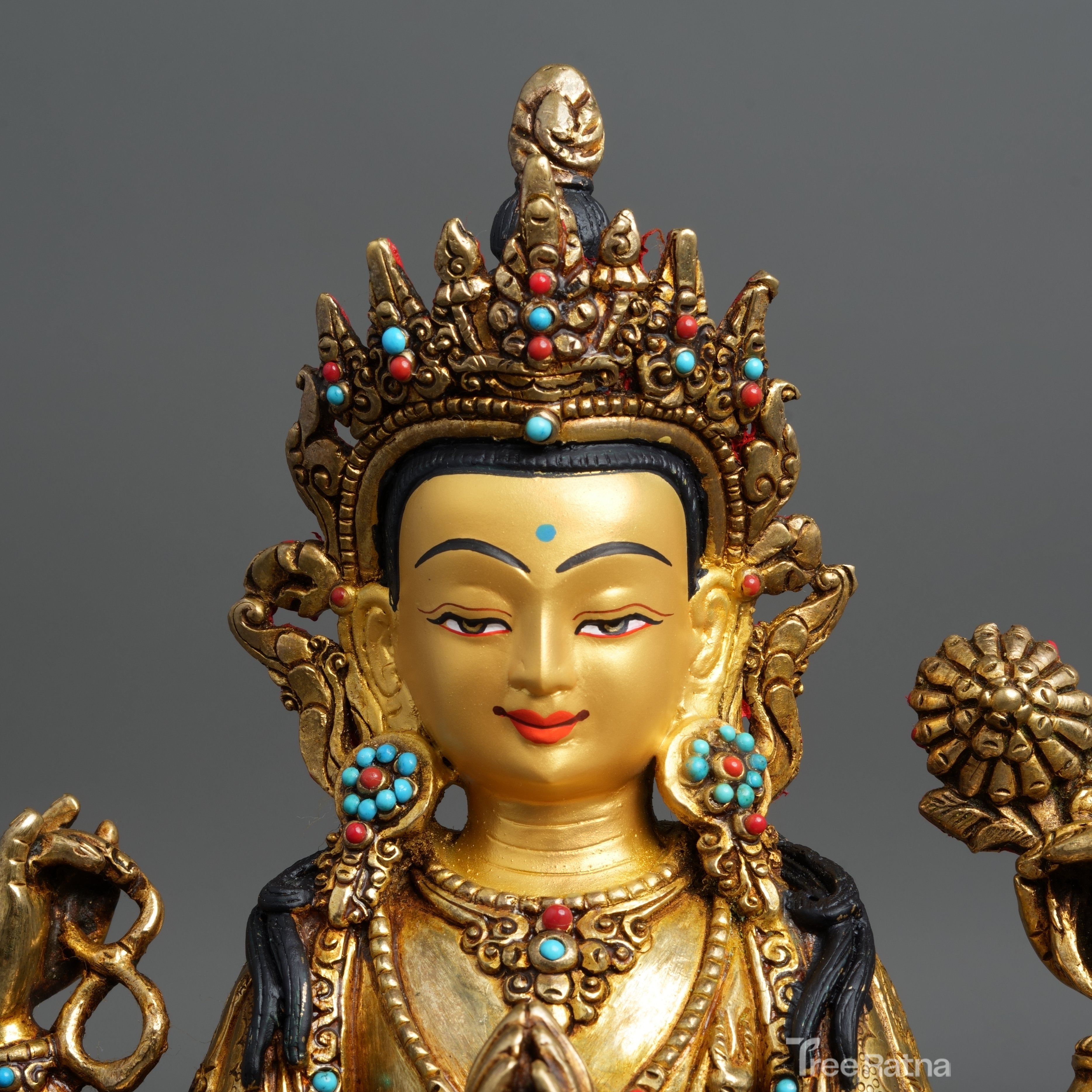 Chenresig Bodhisattva Statue – 24K Gold Finish with Gemstones