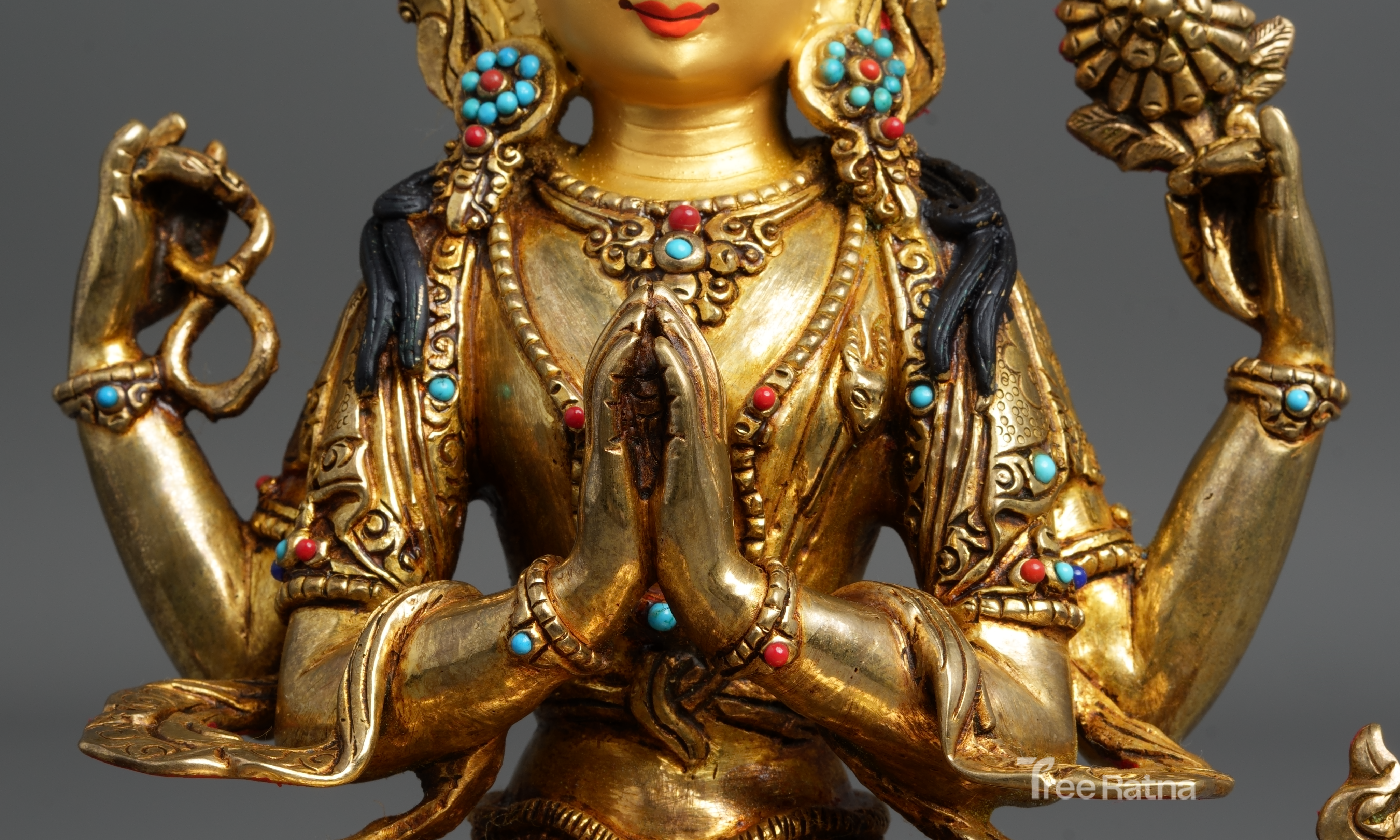 Chenresig Bodhisattva Statue – 24K Gold Finish with Gemstones