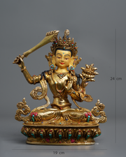 Manjushree Statue – 24K Gold Gilded Copper with Gemstones