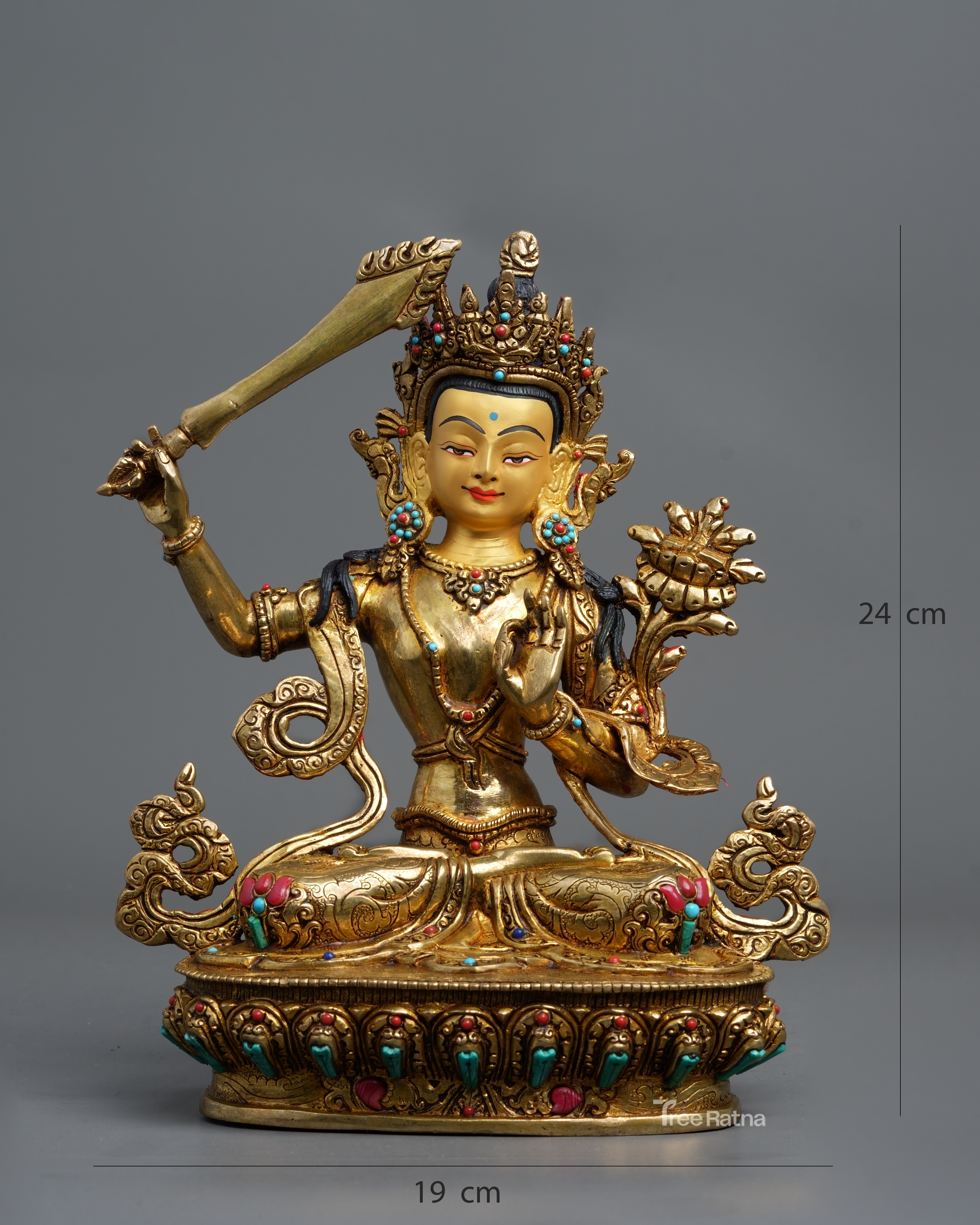 Manjushree Statue – 24K Gold Gilded Copper with Gemstones