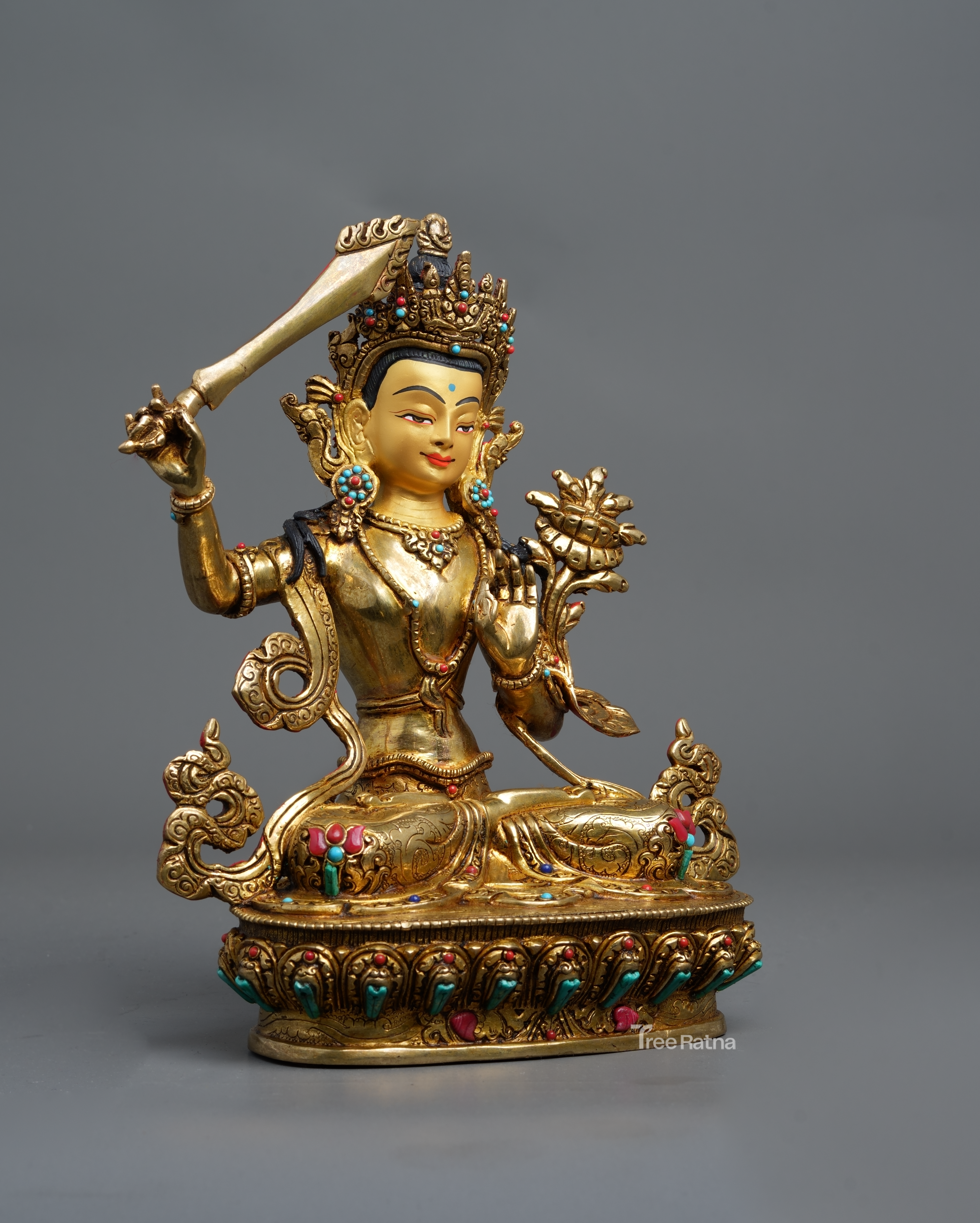 Manjushree Statue – 24K Gold Gilded Copper with Gemstones