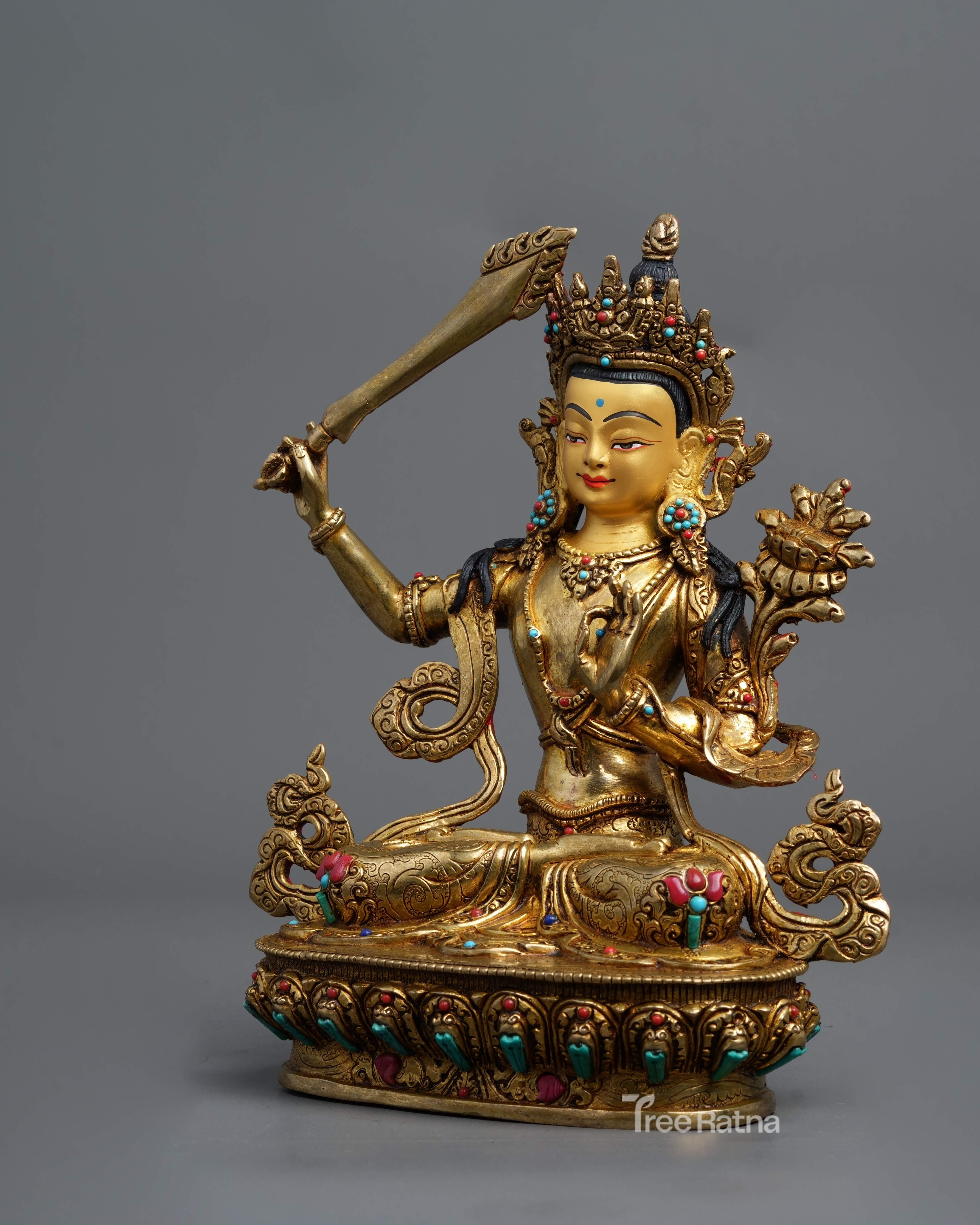 Manjushree Statue – 24K Gold Gilded Copper with Gemstones