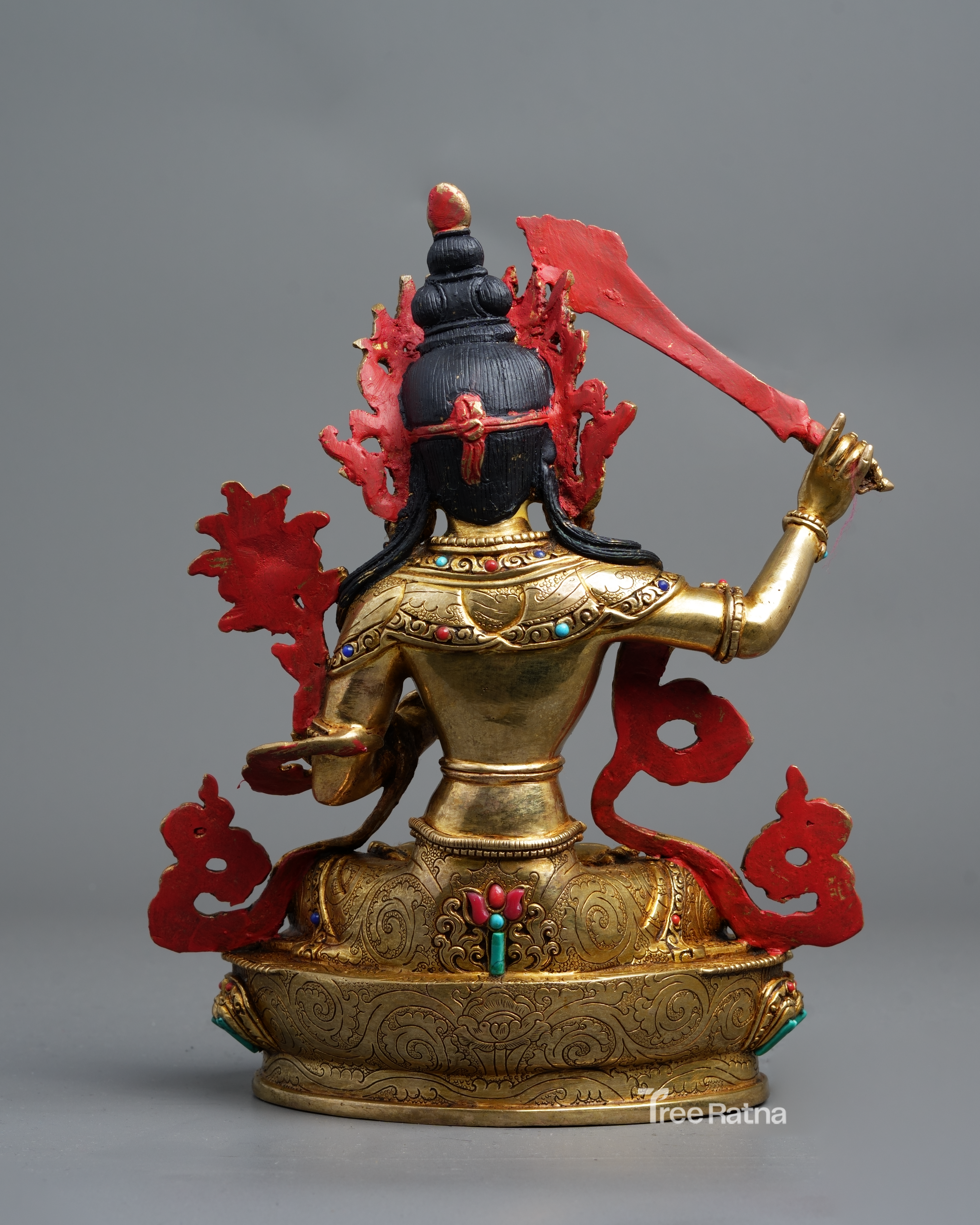 Manjushree Statue – 24K Gold Gilded Copper with Gemstones