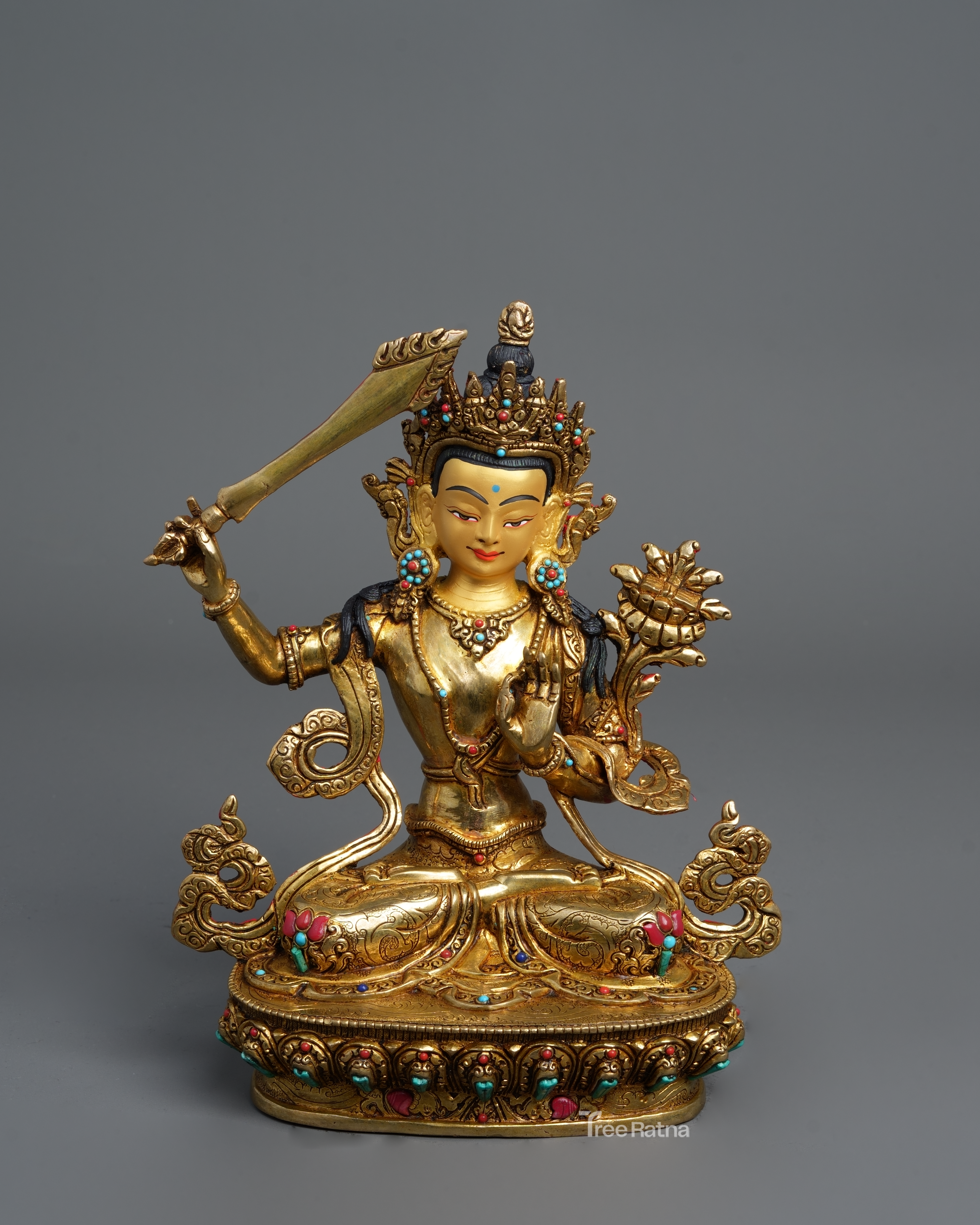 Manjushree Statue – 24K Gold Gilded Copper with Gemstones