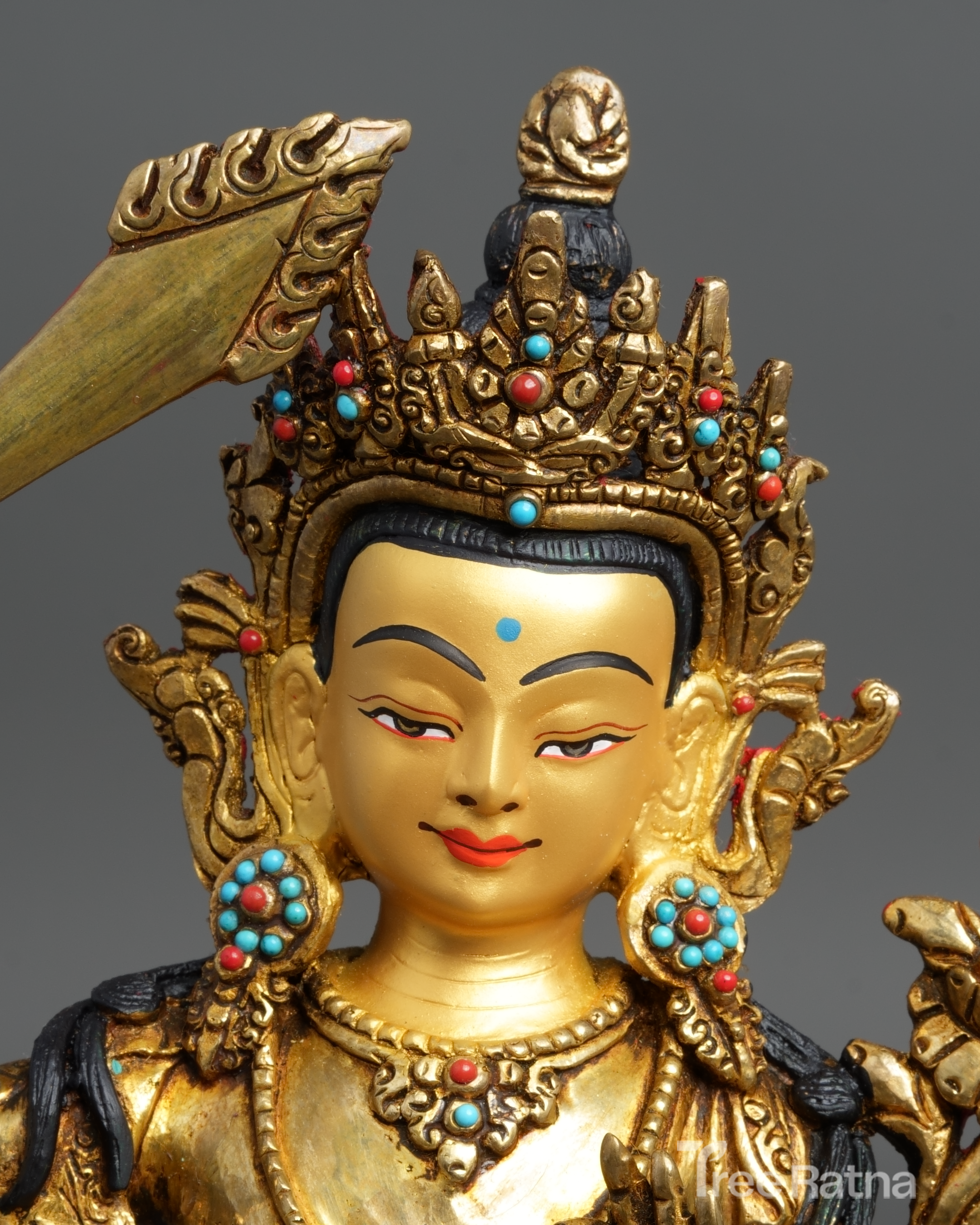 Manjushree Statue – 24K Gold Gilded Copper with Gemstones