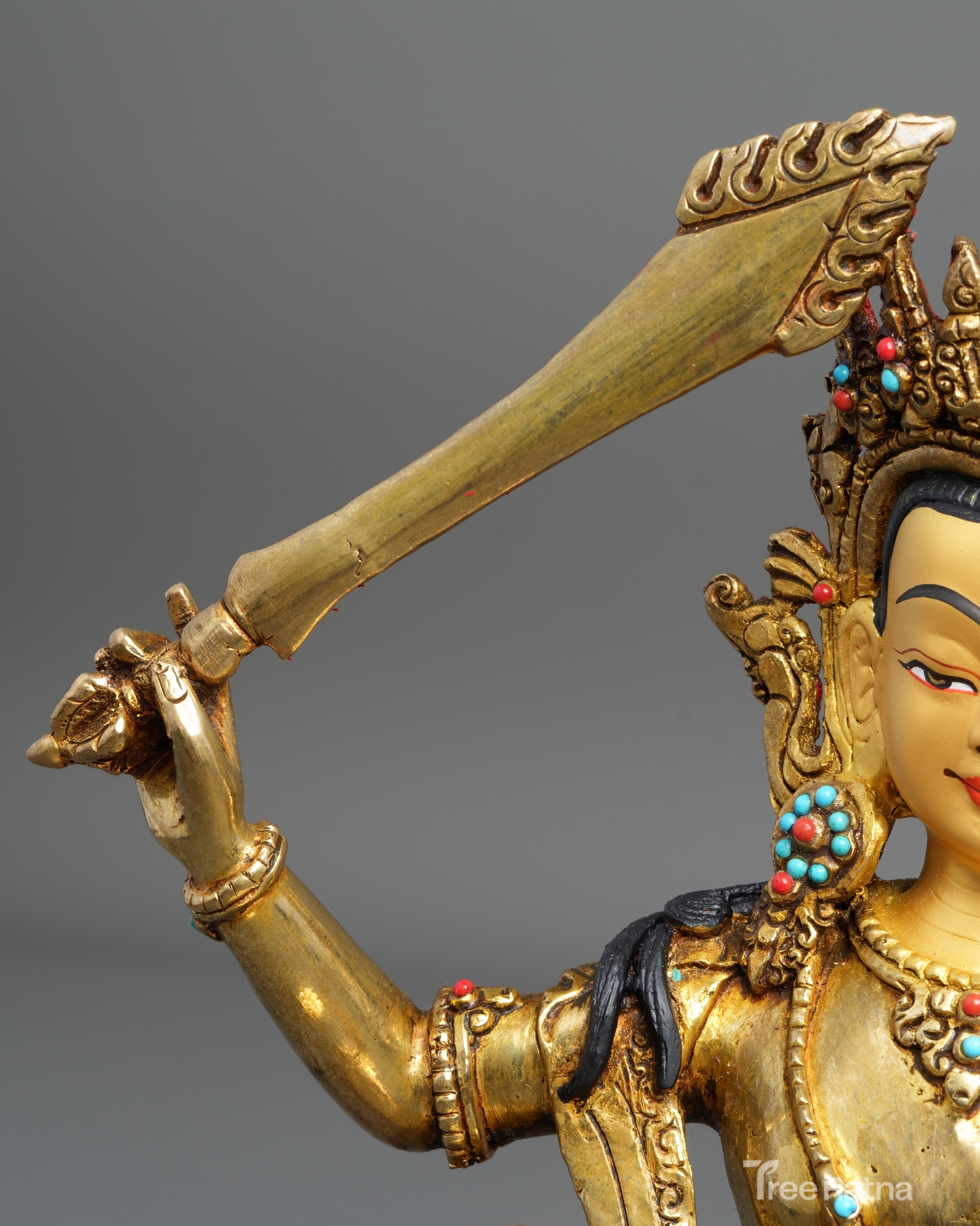 Manjushree Statue – 24K Gold Gilded Copper with Gemstones